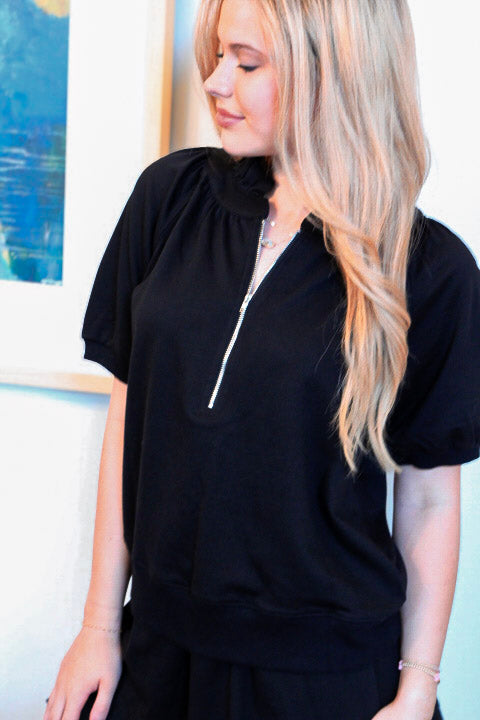 Black Half Zip Puff Sleeve Top and Ruffled Shorts Set