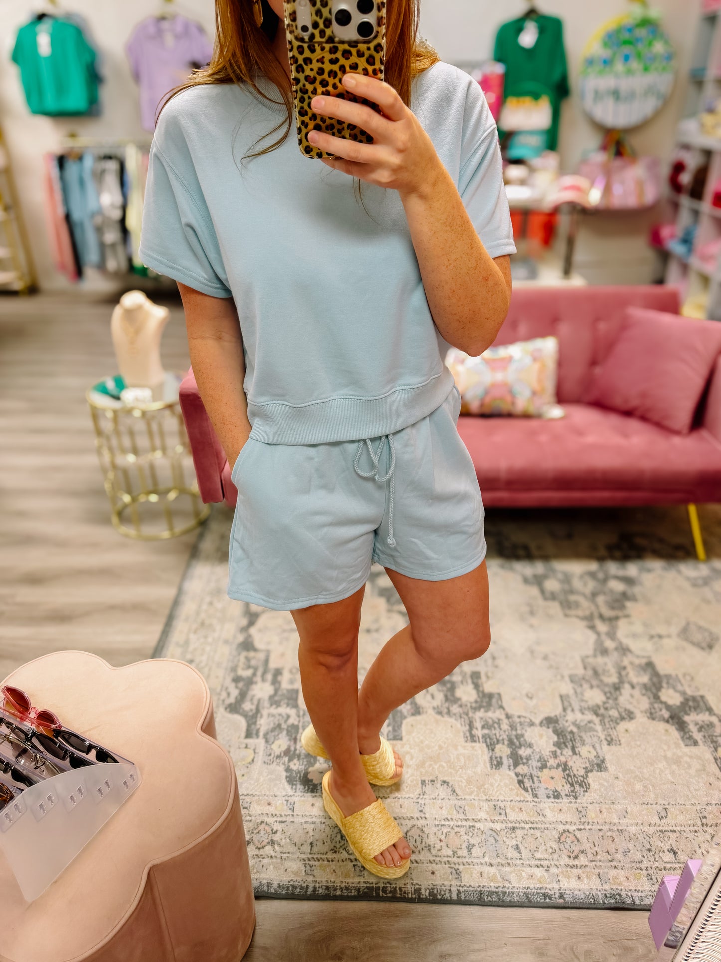 Solid Color Loose Tee Drawstring Shorts 2pcs Outfit