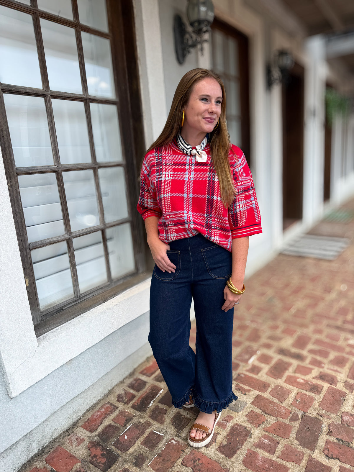 red plaid top
