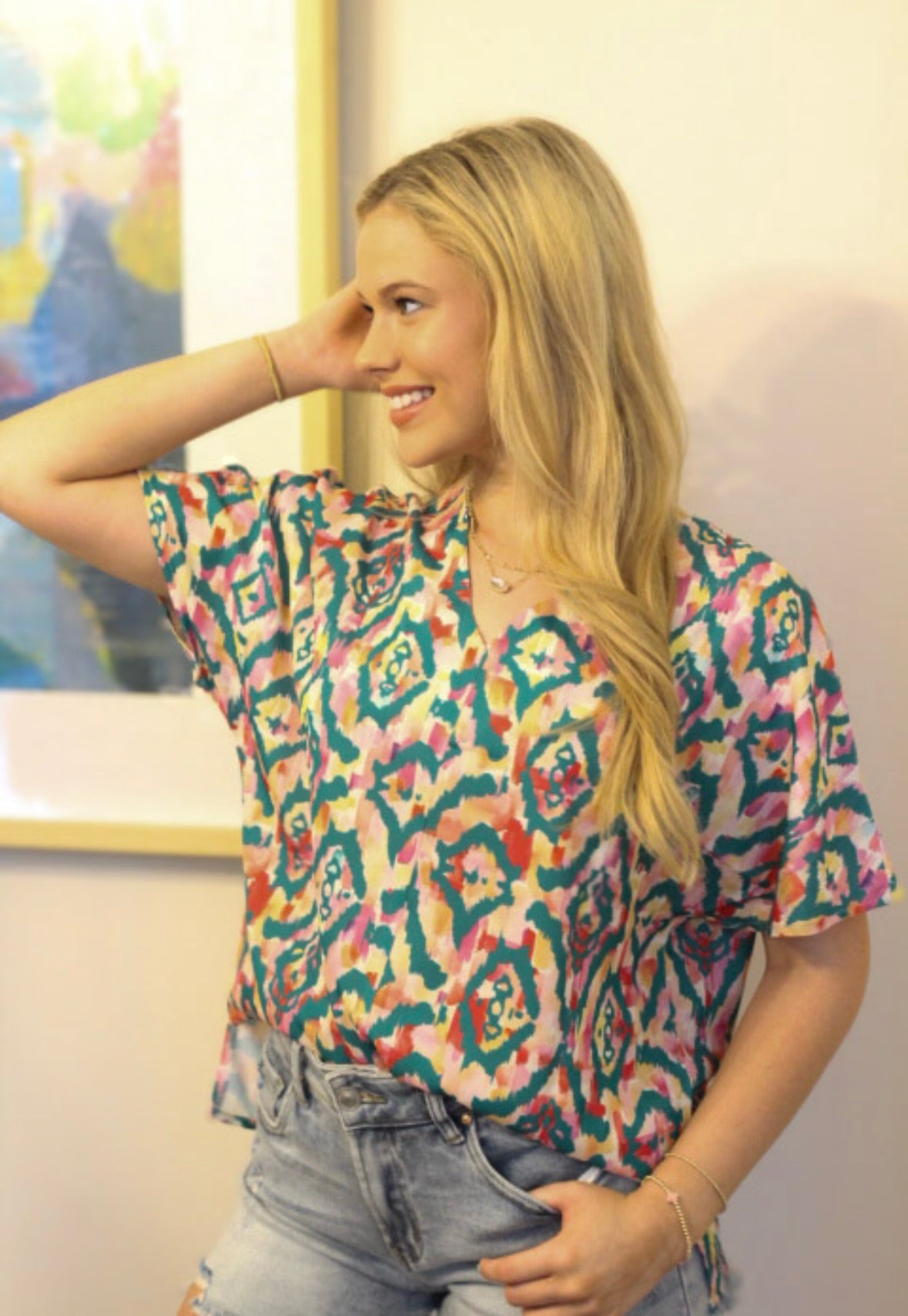 Green silk geometric top