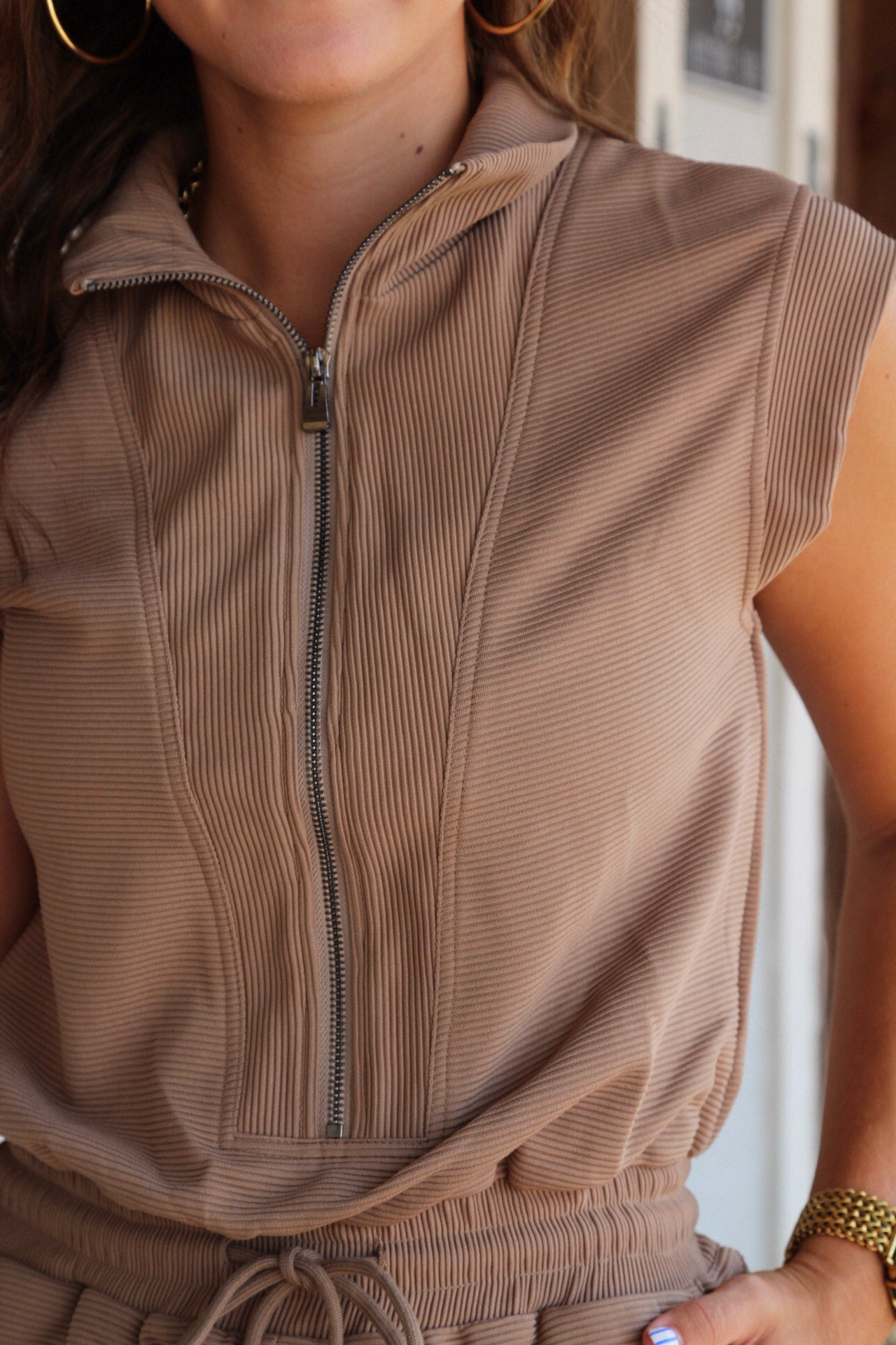 Dark Khaki Textured Short Sleeve Half Zip Drawstring Waist Romper