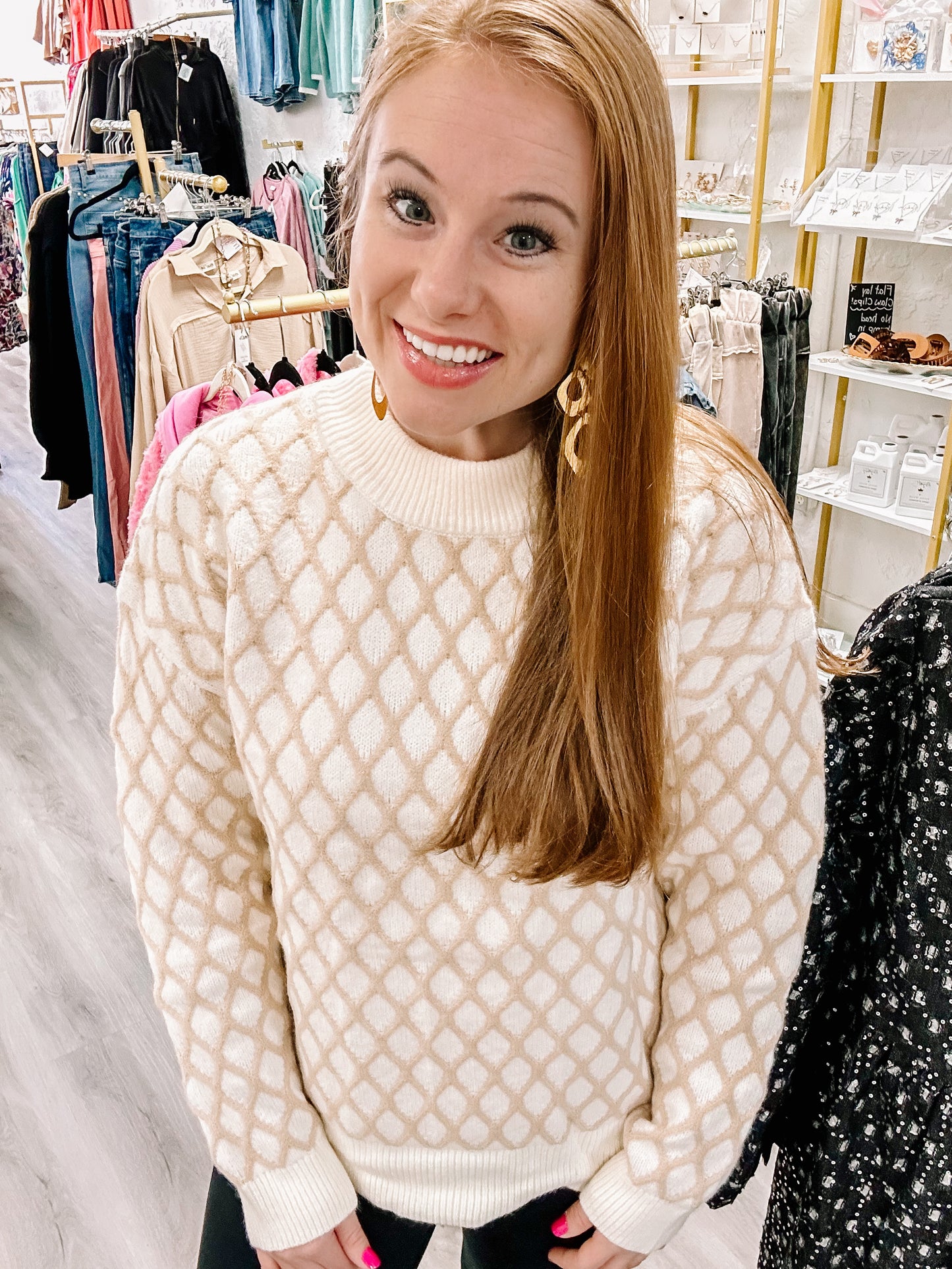 Oatmeal Diamond Knit Drop Shoulder Loose Sweater