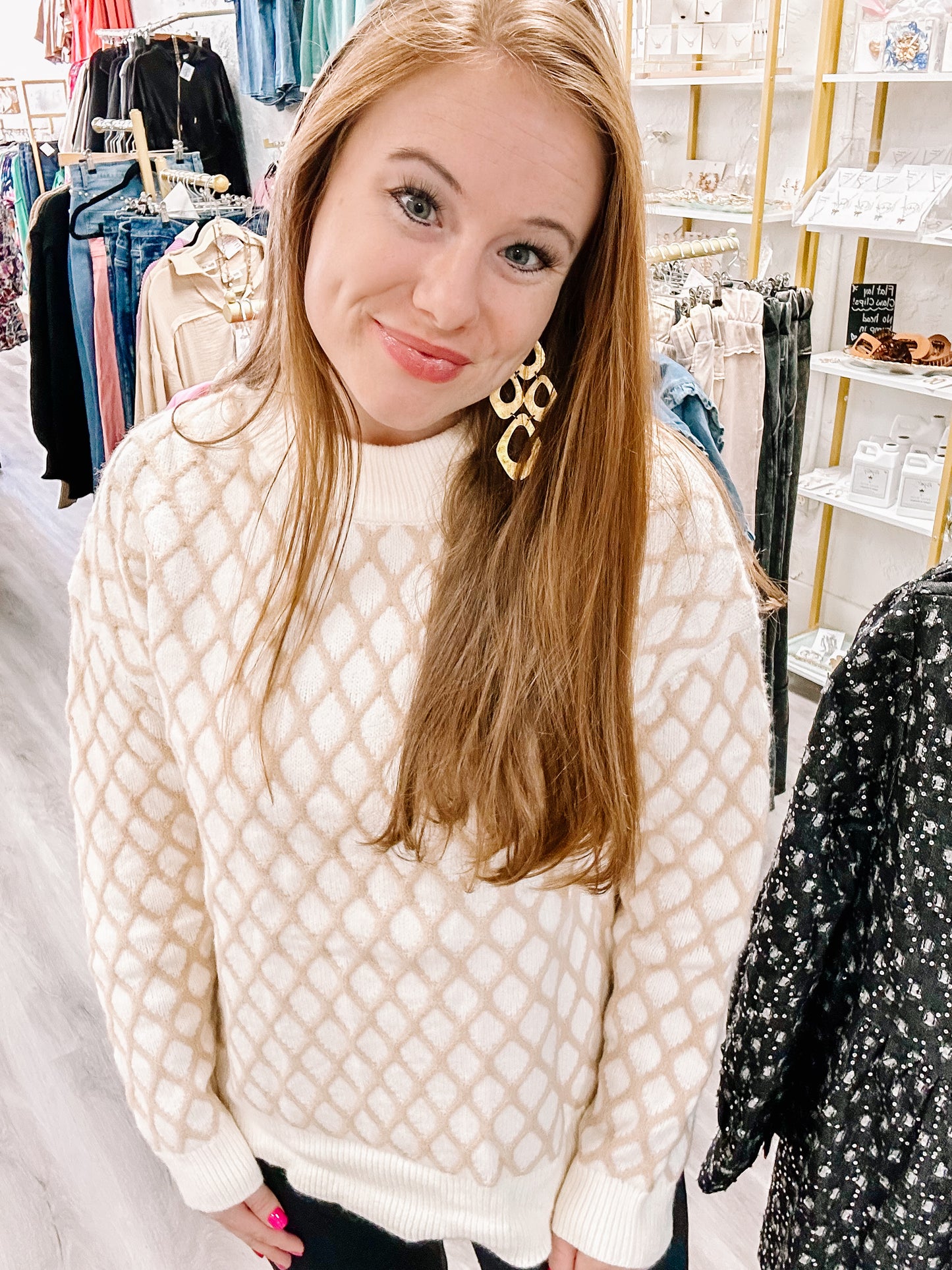 Oatmeal Diamond Knit Drop Shoulder Loose Sweater