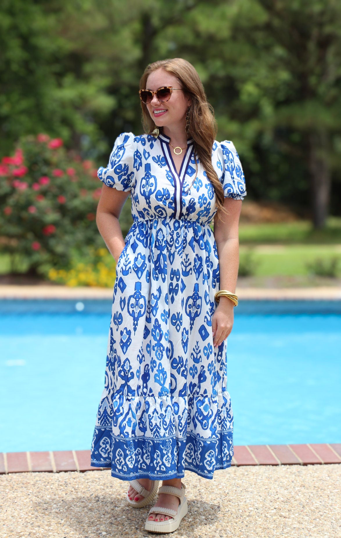 Blue Floral Puff Short Sleeve V Neck High Waist Maxi Dress