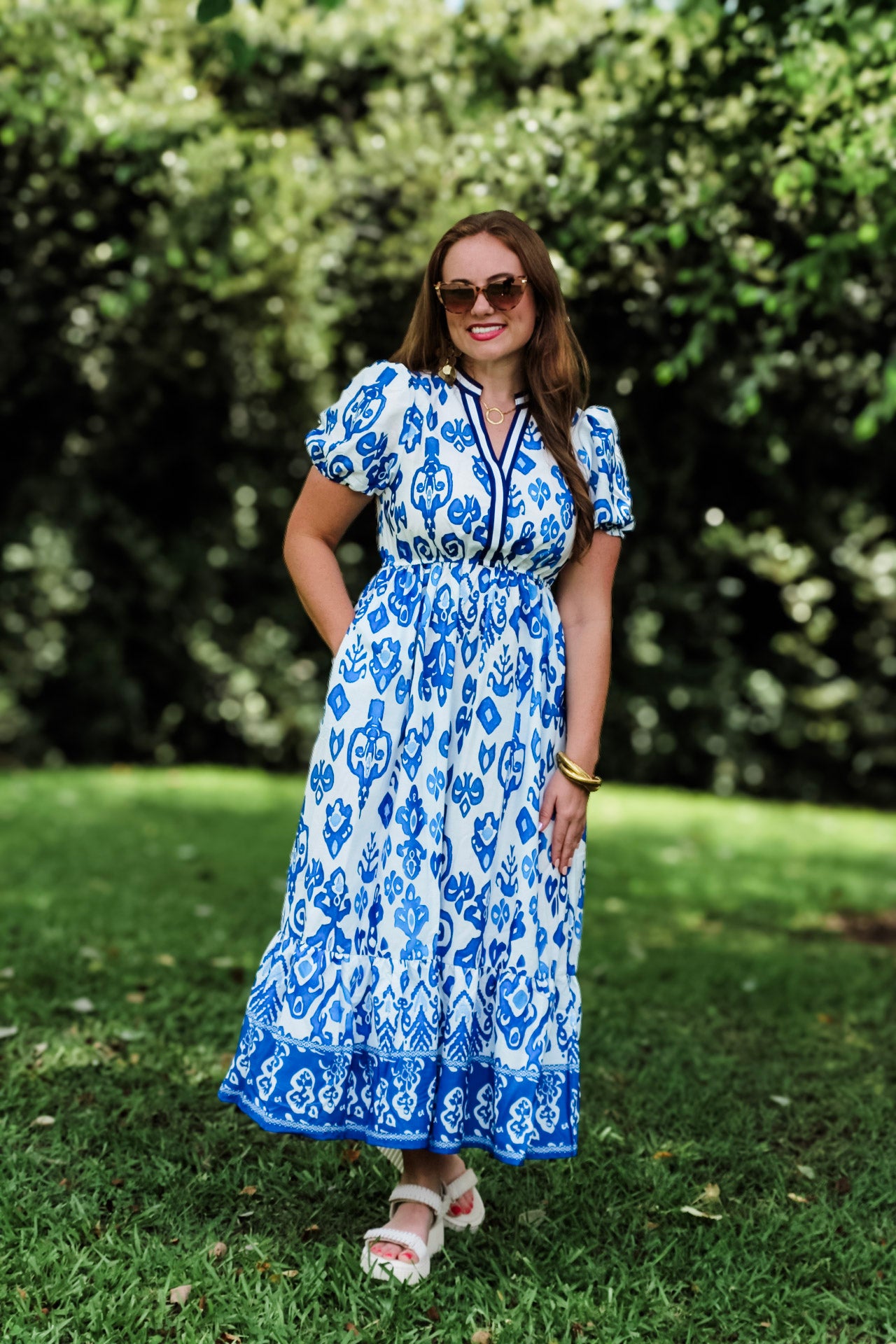 Blue Floral Puff Short Sleeve V Neck High Waist Maxi Dress