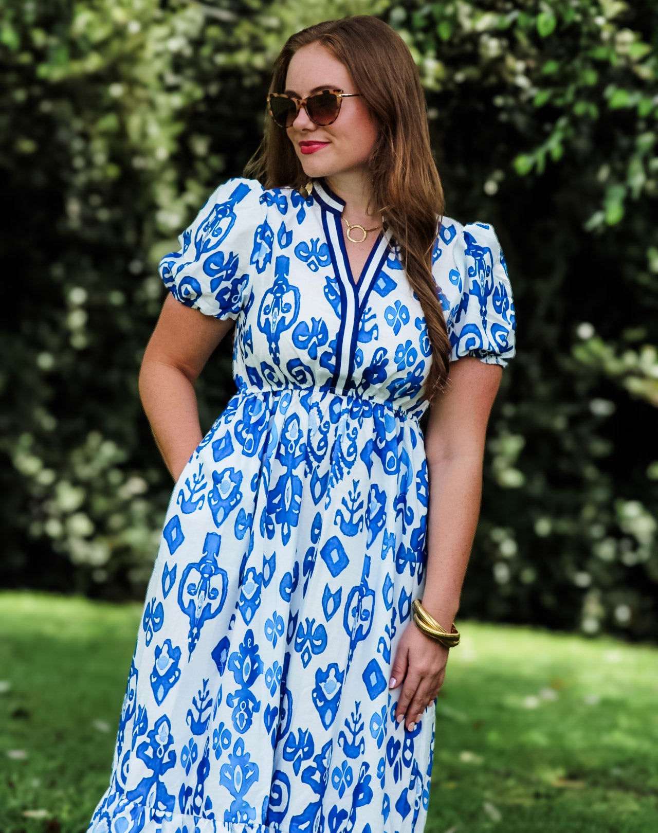 Blue Floral Puff Short Sleeve V Neck High Waist Maxi Dress