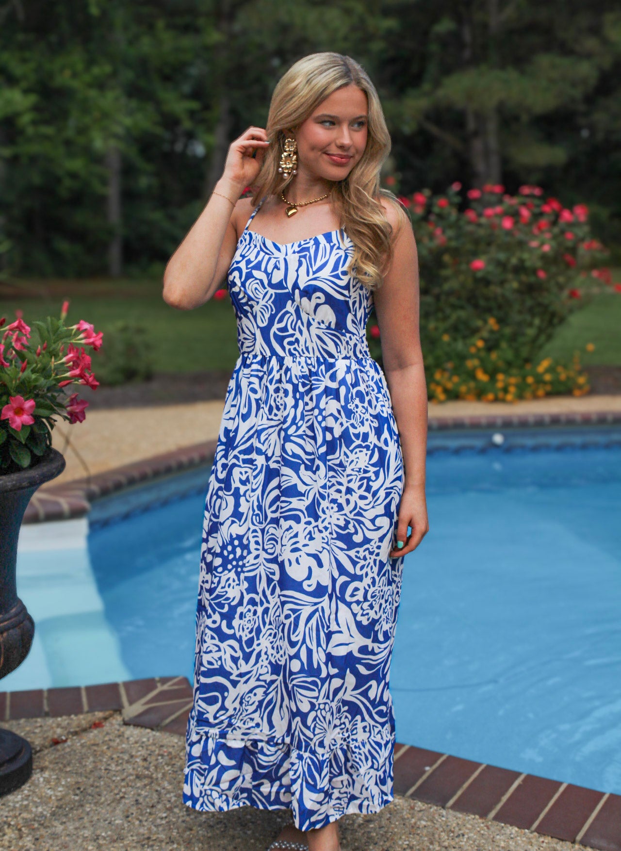 Sky Blue Floral Print Spaghetti Strap High Waist Maxi Dress