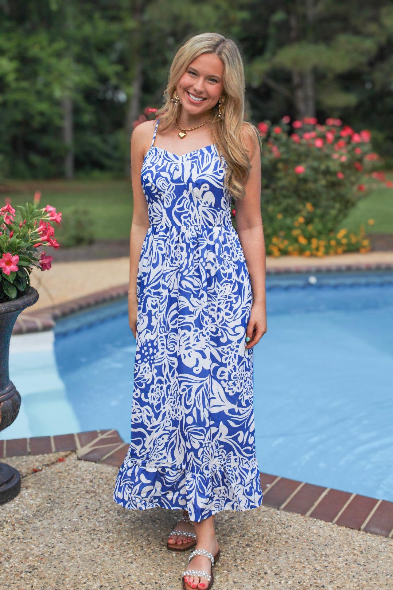 Sky Blue Floral Print Spaghetti Strap High Waist Maxi Dress