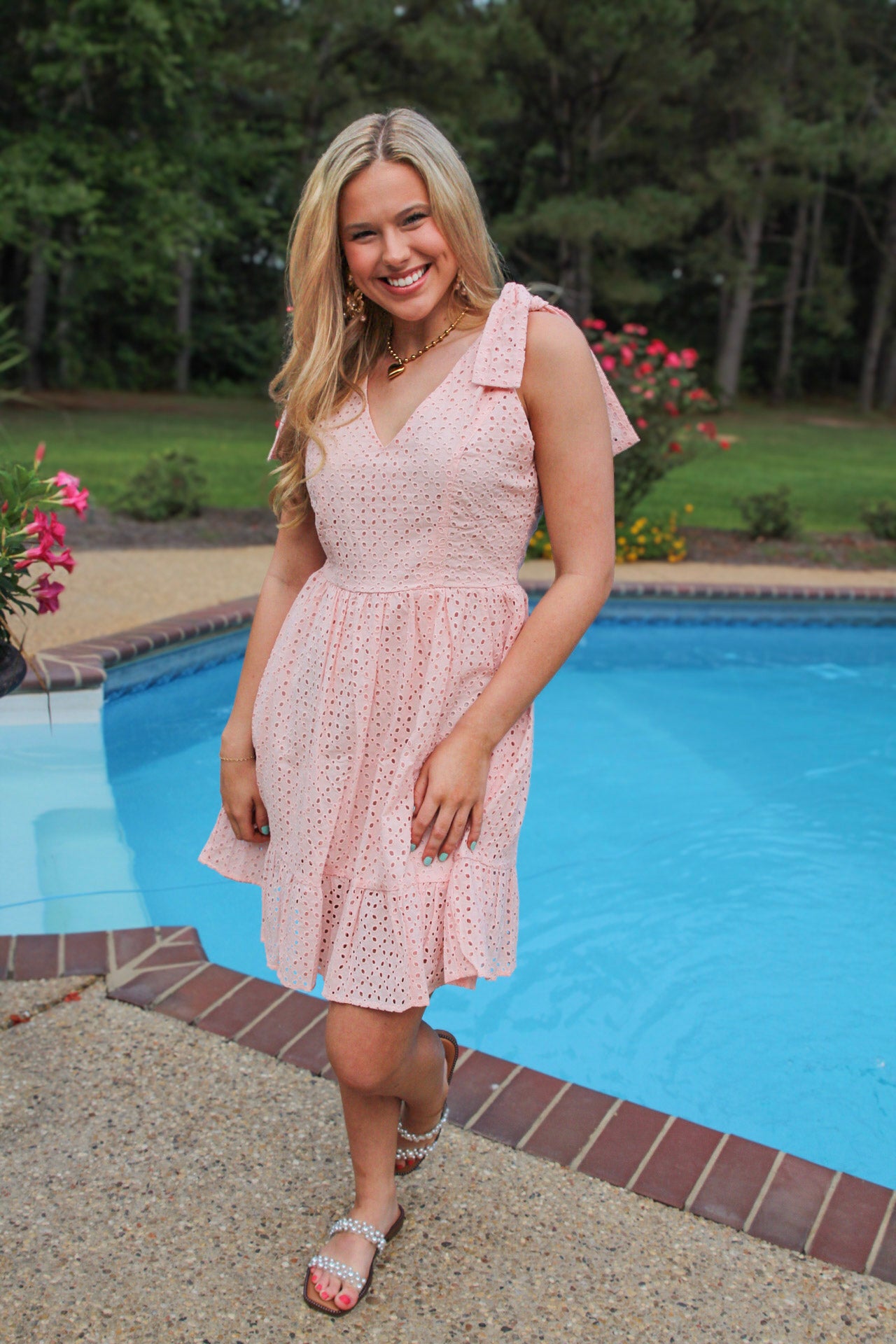 Delicacy Embroidered Eyelets Ruffled Hem Sleeveless Mini Dress