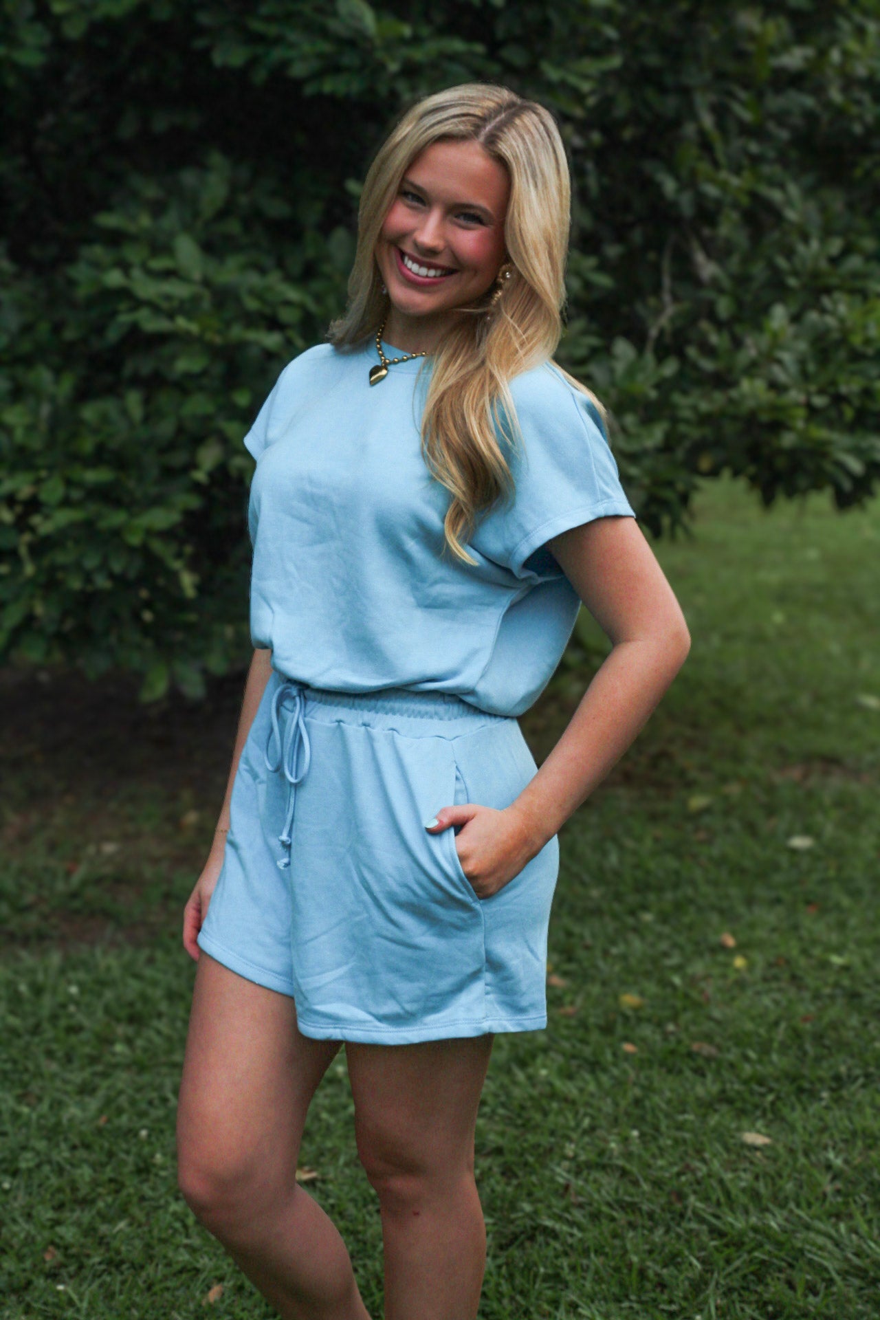 Mist Blue Mineral Wash Drawstring Waist Hollow Out Back Short Sleeve Romper