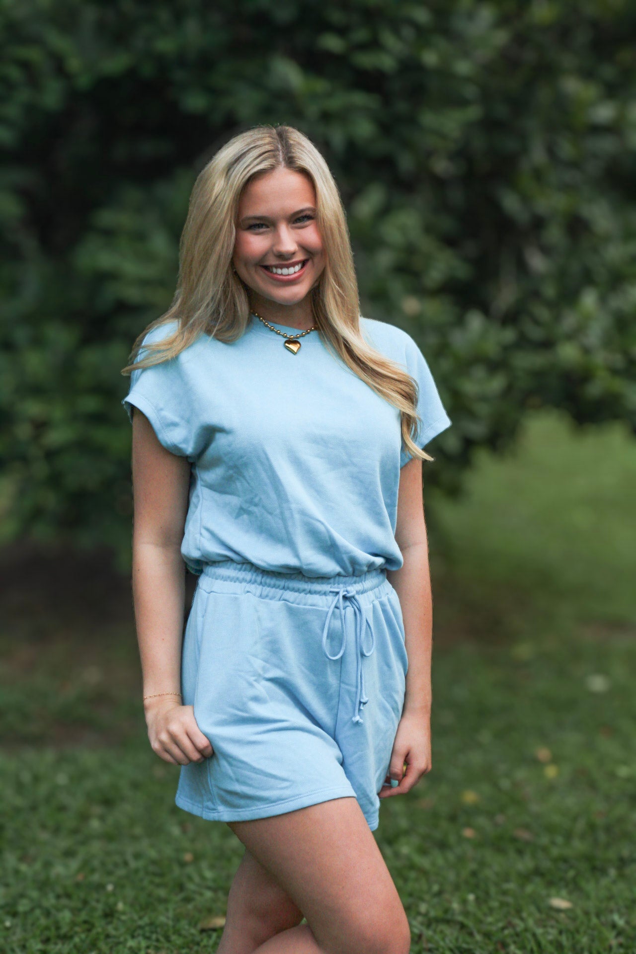 Mist Blue Mineral Wash Drawstring Waist Hollow Out Back Short Sleeve Romper
