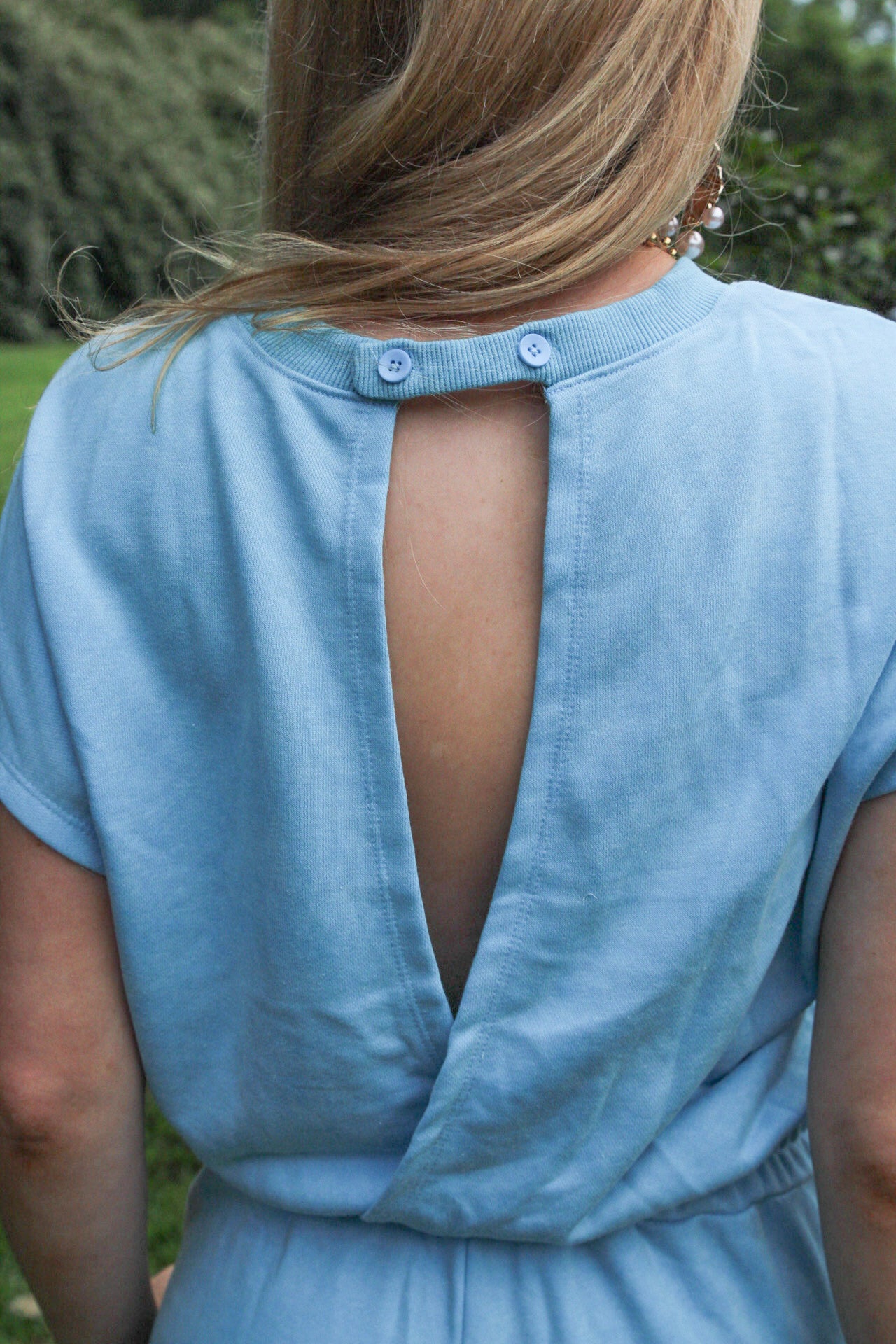 Mist Blue Mineral Wash Drawstring Waist Hollow Out Back Short Sleeve Romper
