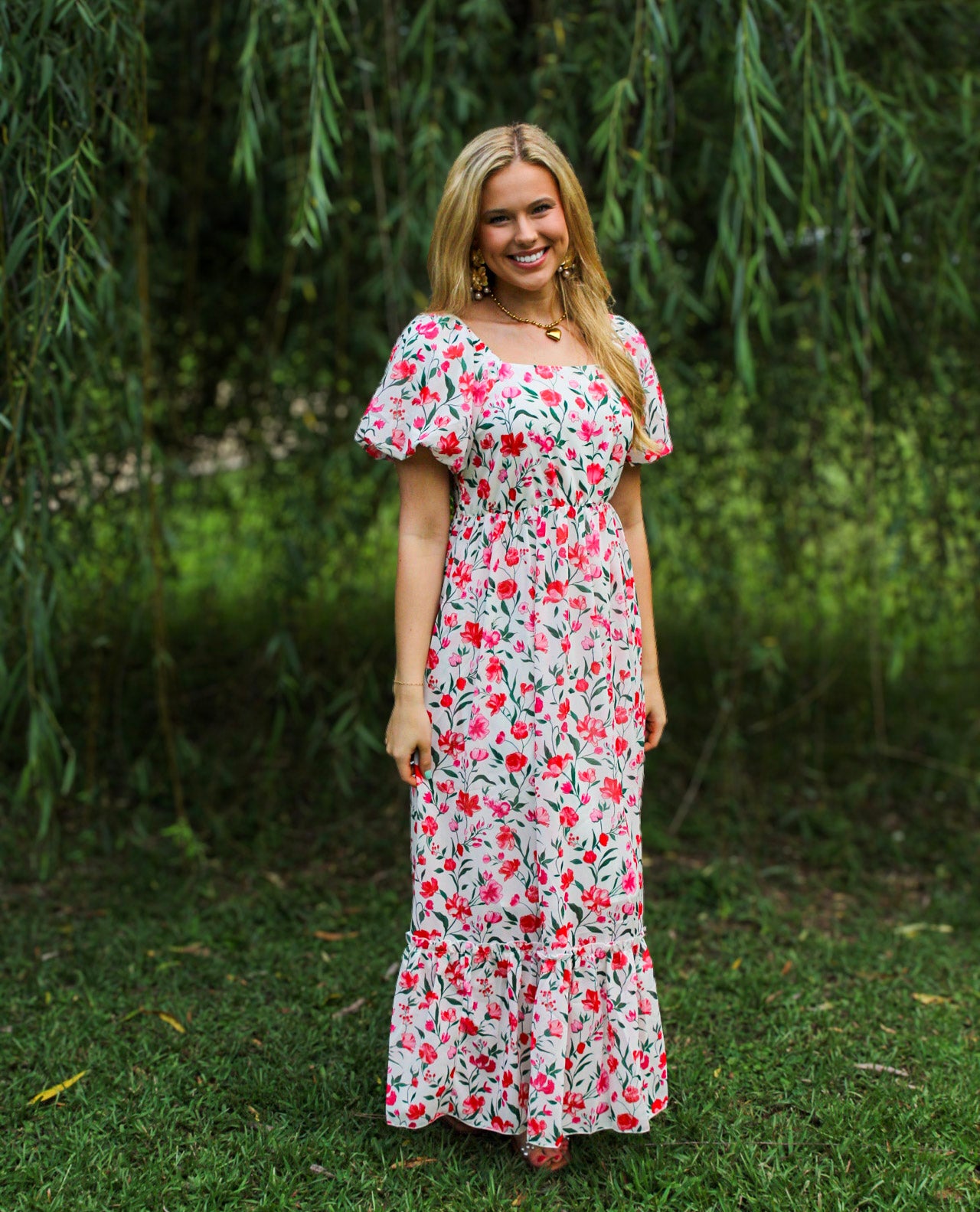 Pink Floral Puff Sleeve Square Neck Empire Waist Tiered Maxi Dress