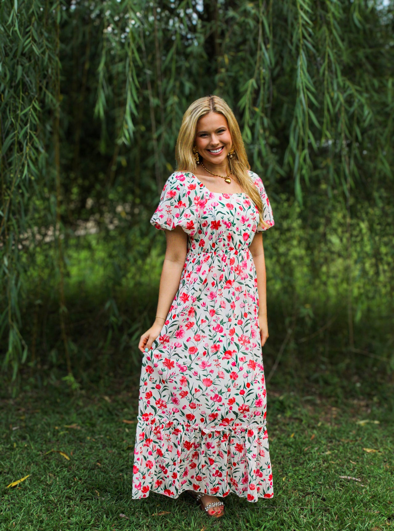 Pink Floral Puff Sleeve Square Neck Empire Waist Tiered Maxi Dress