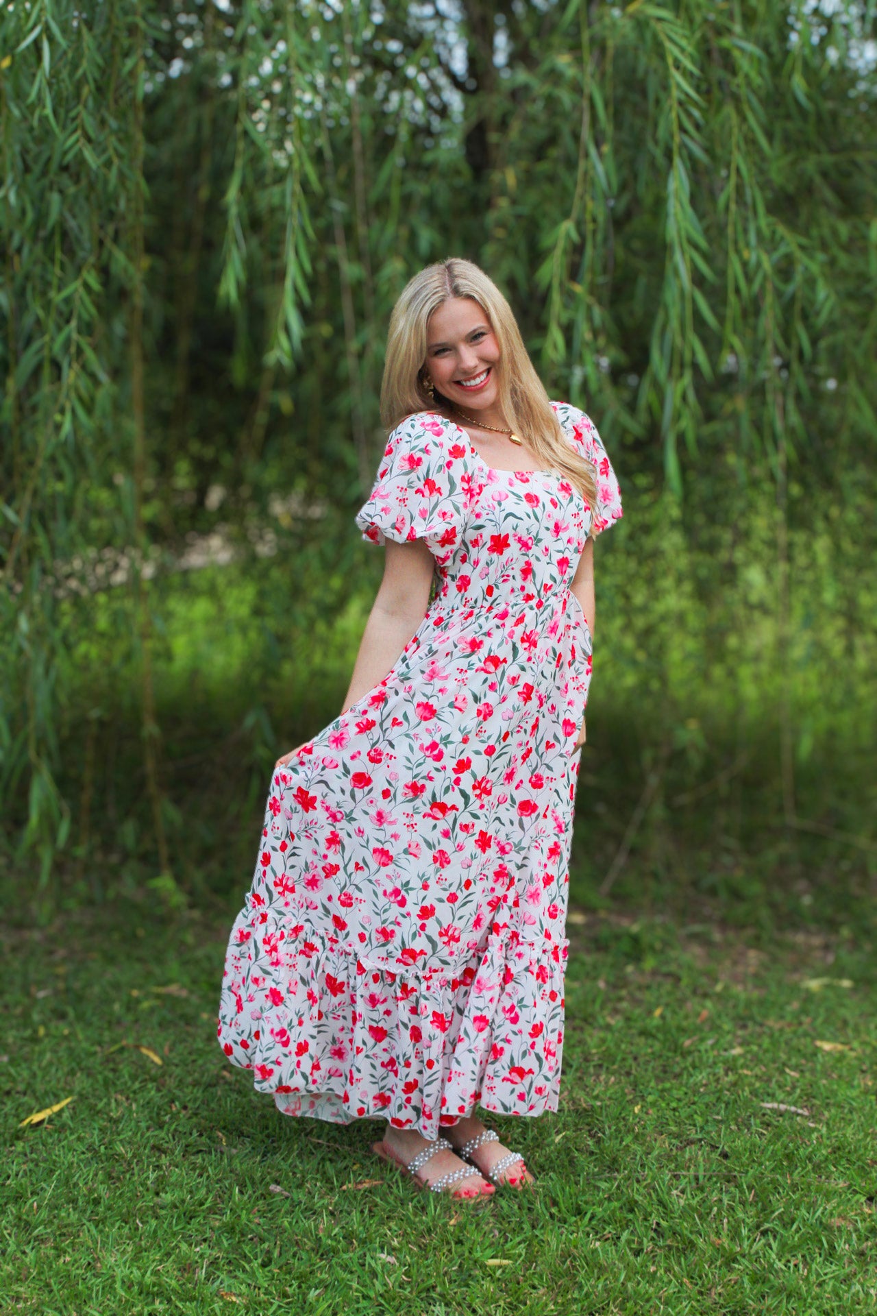 Pink Floral Puff Sleeve Square Neck Empire Waist Tiered Maxi Dress