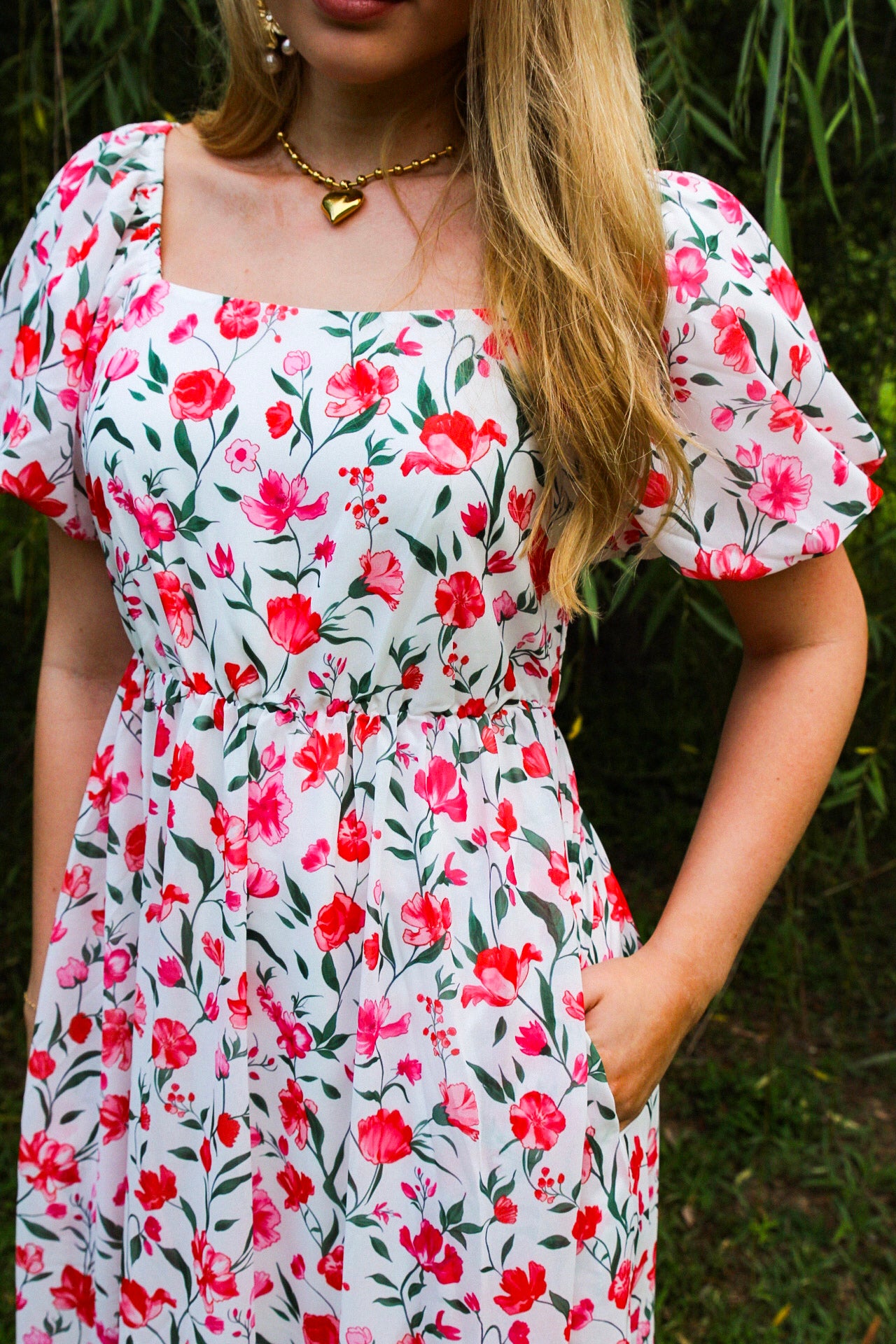Pink Floral Puff Sleeve Square Neck Empire Waist Tiered Maxi Dress