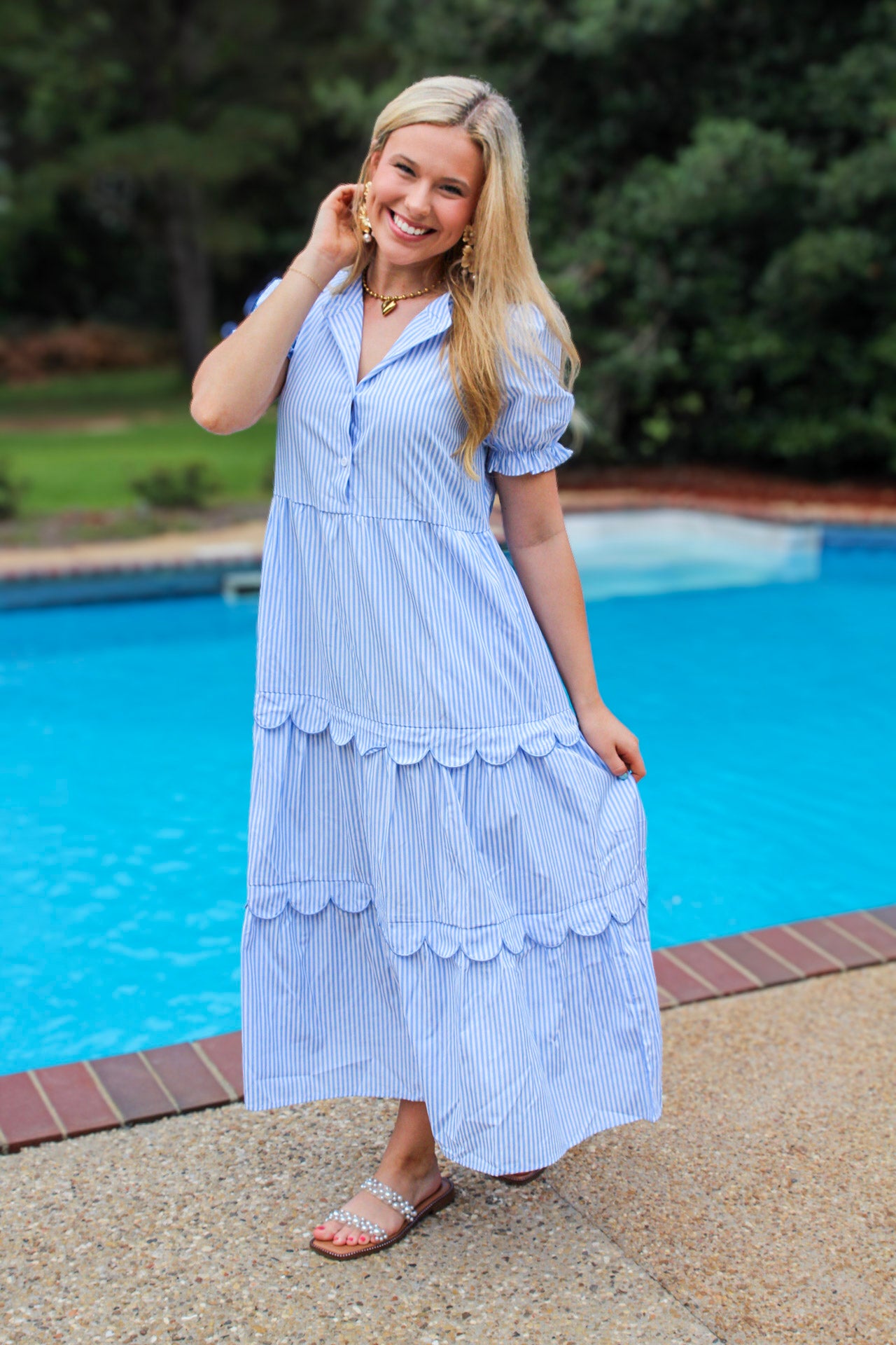 Sky Blue Stripe Bubble Short Sleeve Tiered Scallop Long Dress
