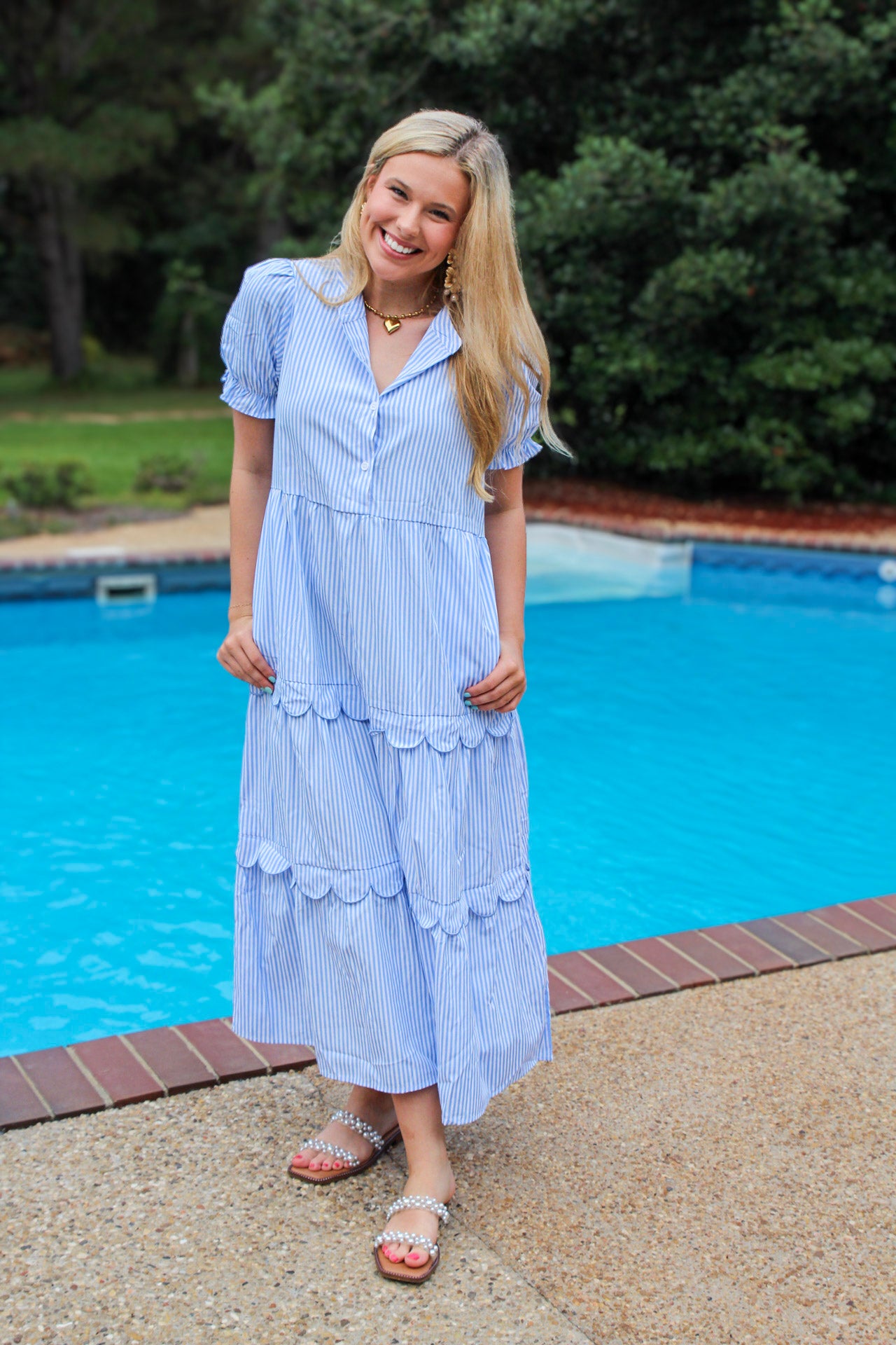 Sky Blue Stripe Bubble Short Sleeve Tiered Scallop Long Dress