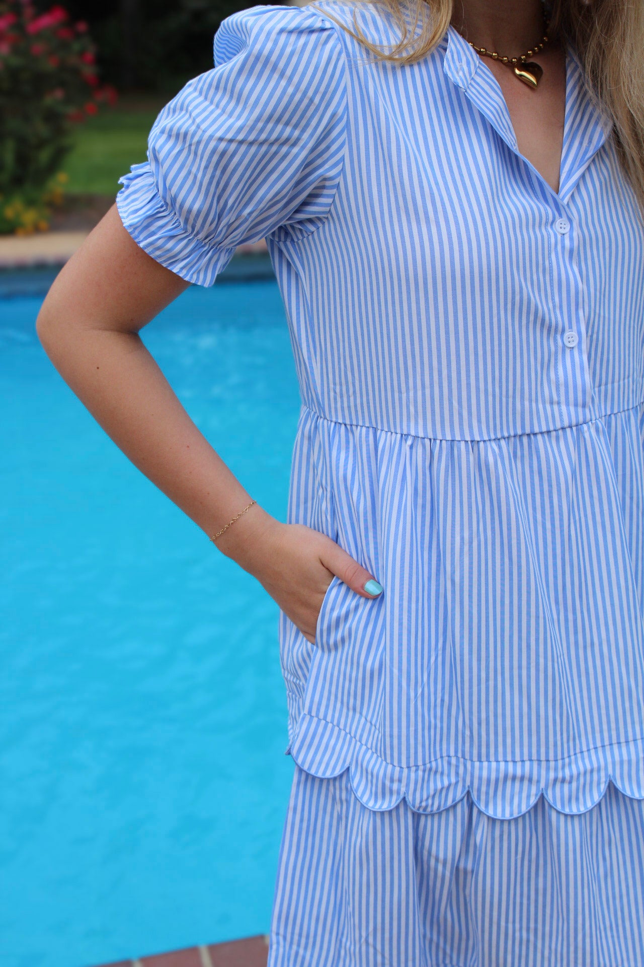 Sky Blue Stripe Bubble Short Sleeve Tiered Scallop Long Dress