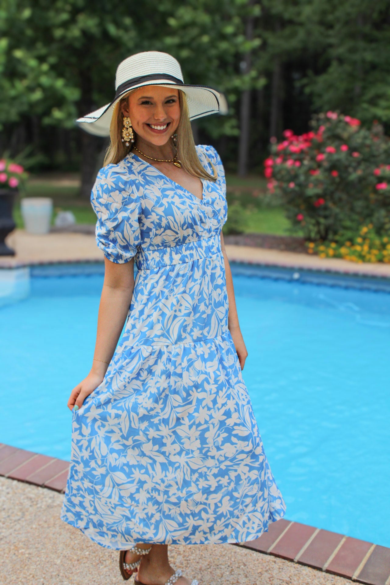 Sky Blue Floral V Neck Puff Short Sleeve Flowy Long Dress