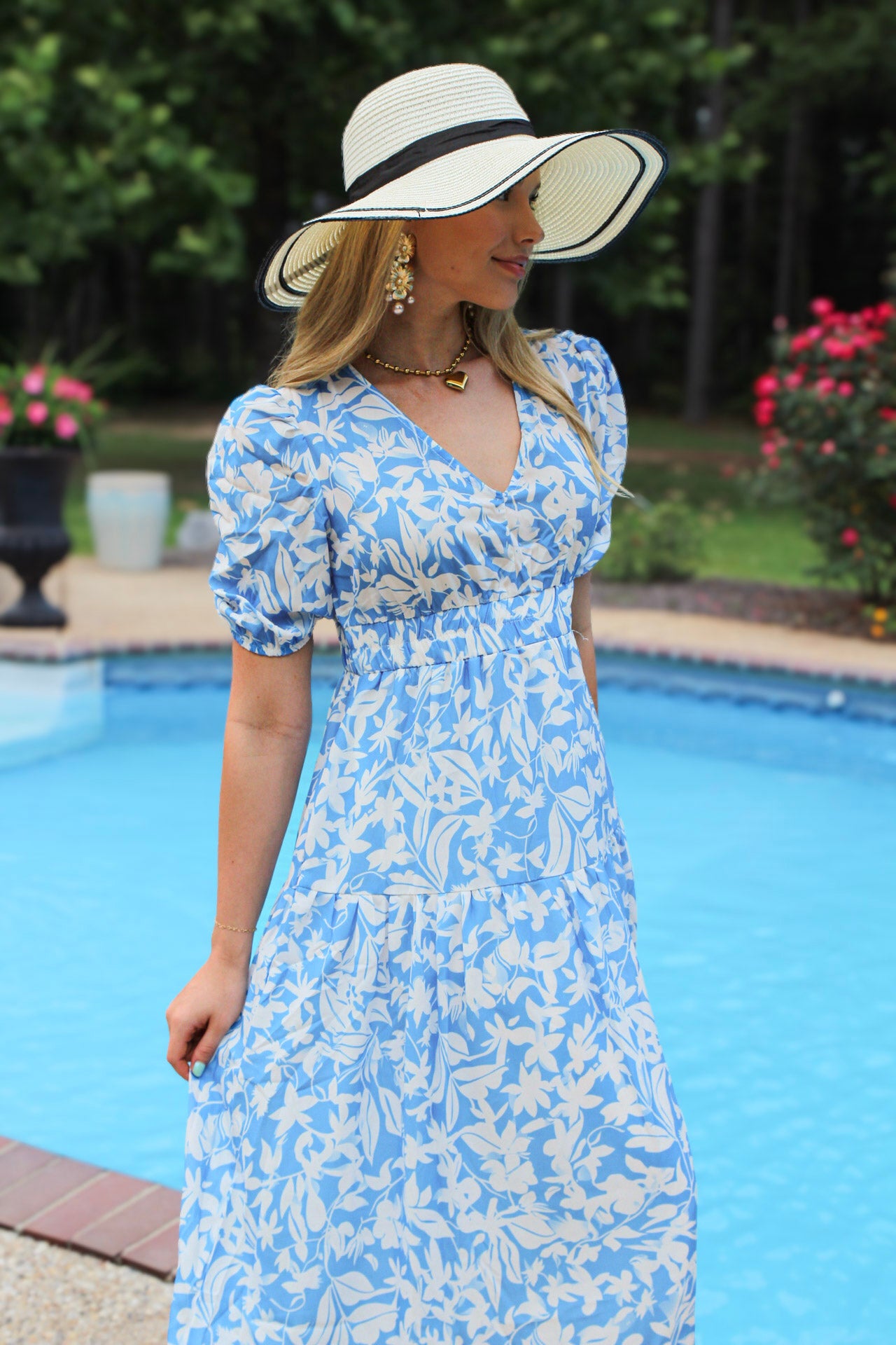 Sky Blue Floral V Neck Puff Short Sleeve Flowy Long Dress