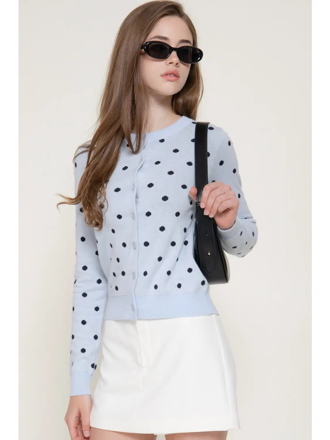 Long Sleeve Crew Neck Button Down Dot Sweater Cardigan