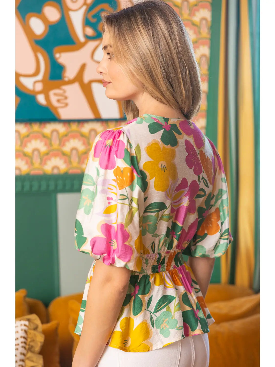Half Zip V-Neck Floral Peplum Top