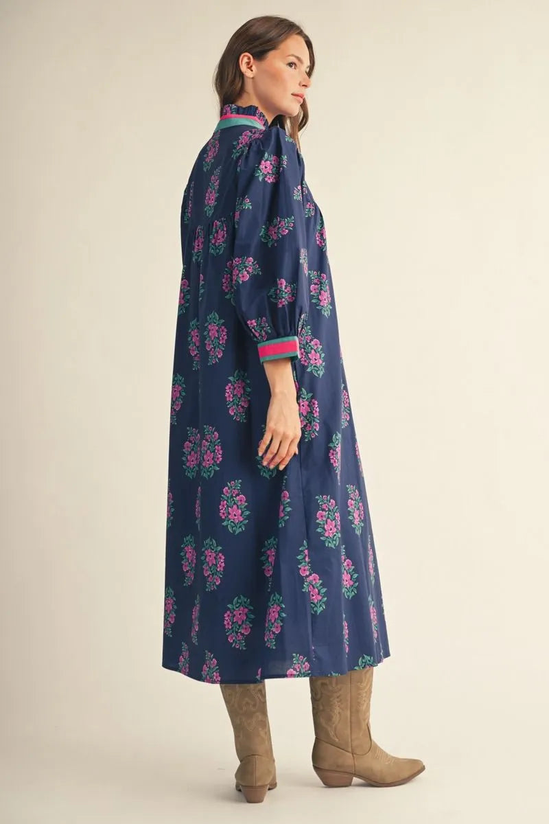 Puff shoulder 3/4 sleeves floral midi dress