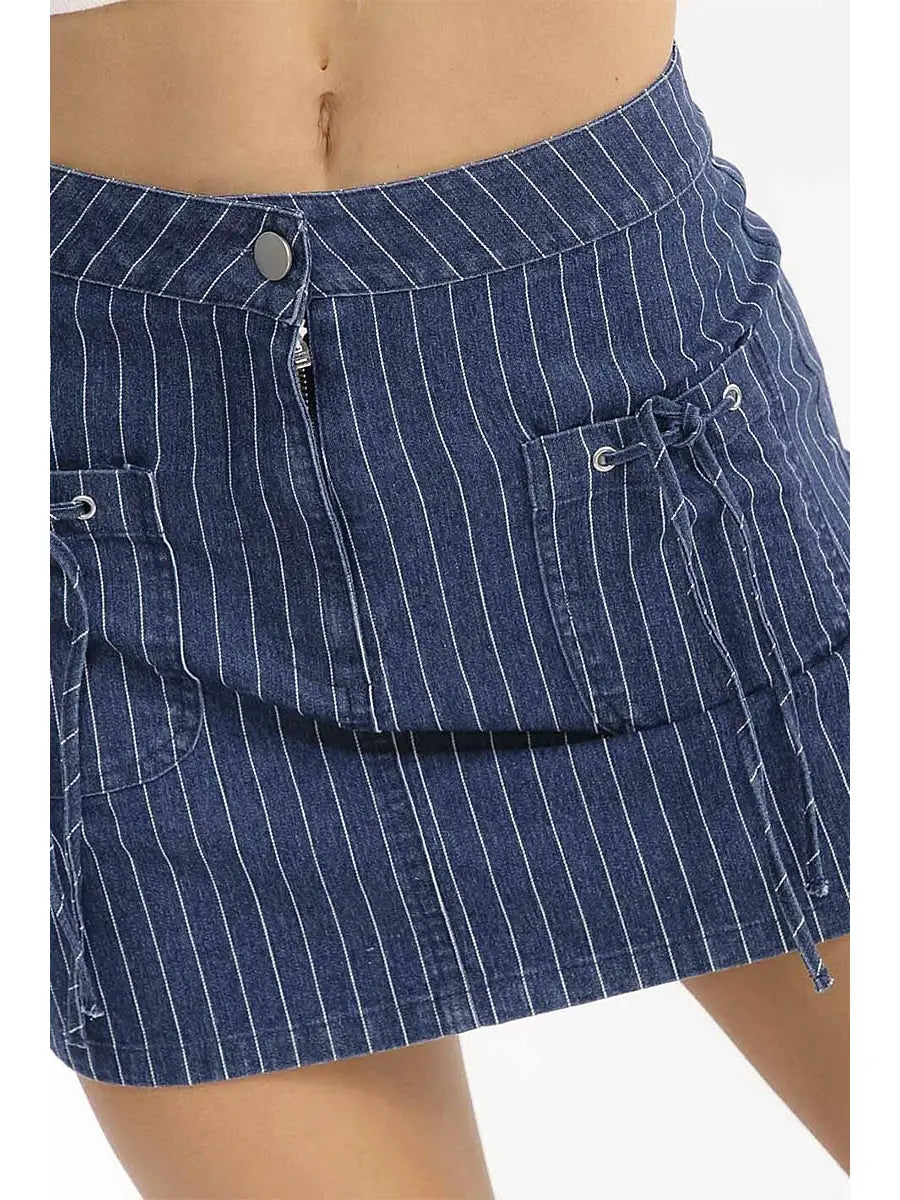 Button Closure Front Pockets Stripes Denim Mini Skirt