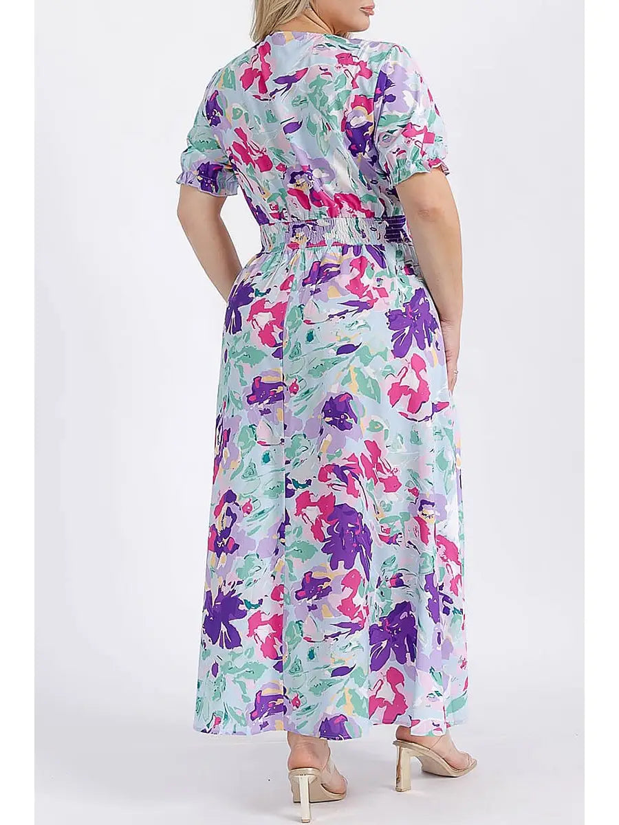 Surplice Smock Waist Floral Maxi Dress