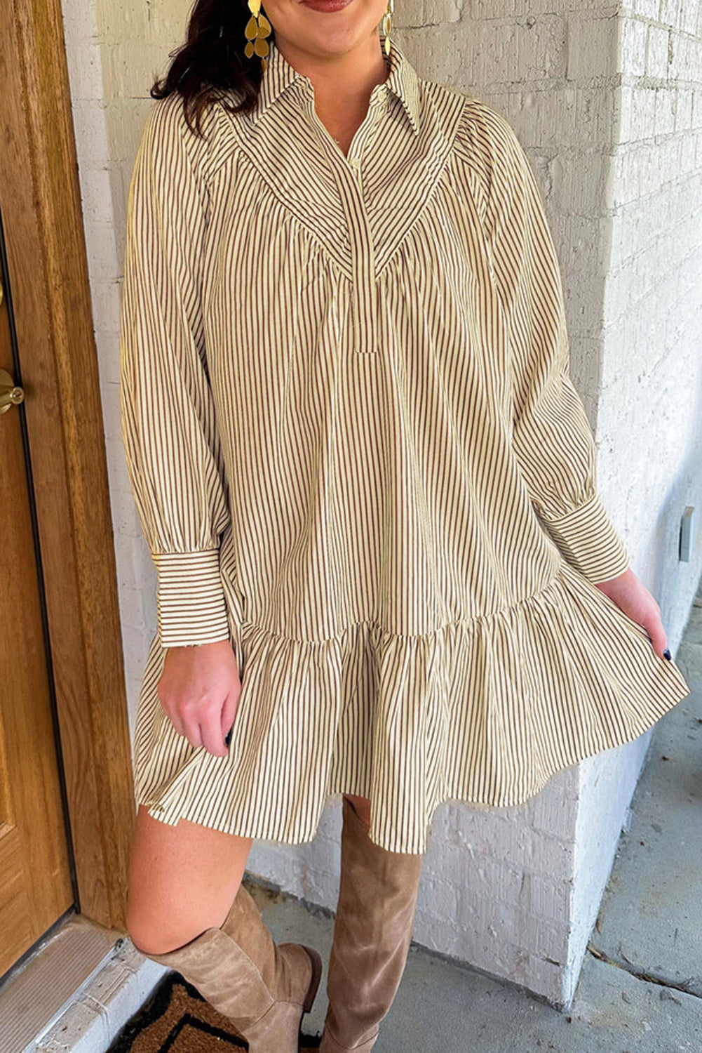 Brown Stripe Collared Neck Cuffed Long Sleeve Drop Waist Mini DressBrown Stripe Collared Neck Cuffed Long Sleeve Drop Waist Mini Dress