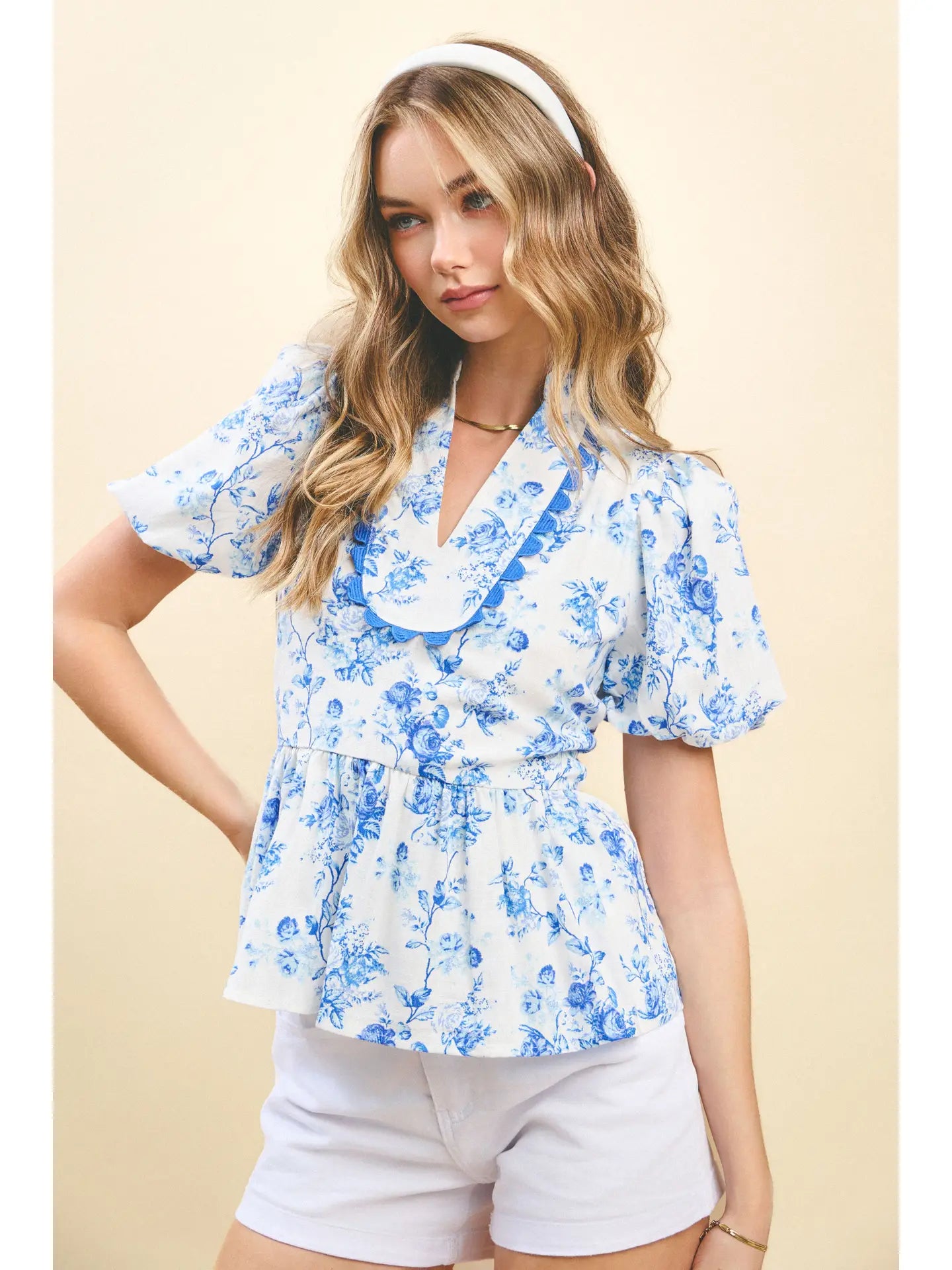 Floral Printed Bubble Sleeves Peplum Top