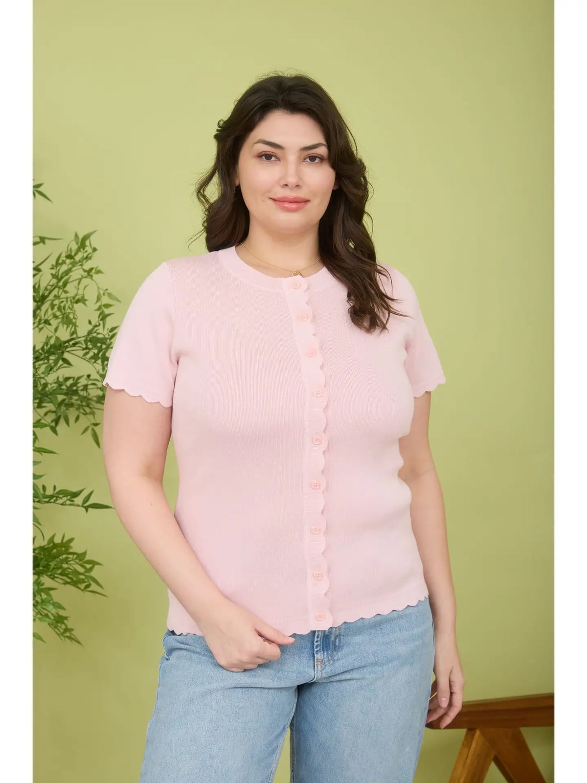 Plus Scalloped Short Sleeve Button Down Cardigan