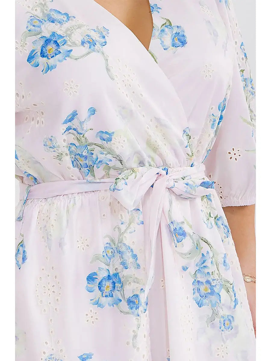 Surplice Self Tie Eyelet Floral Print Maxi Dress