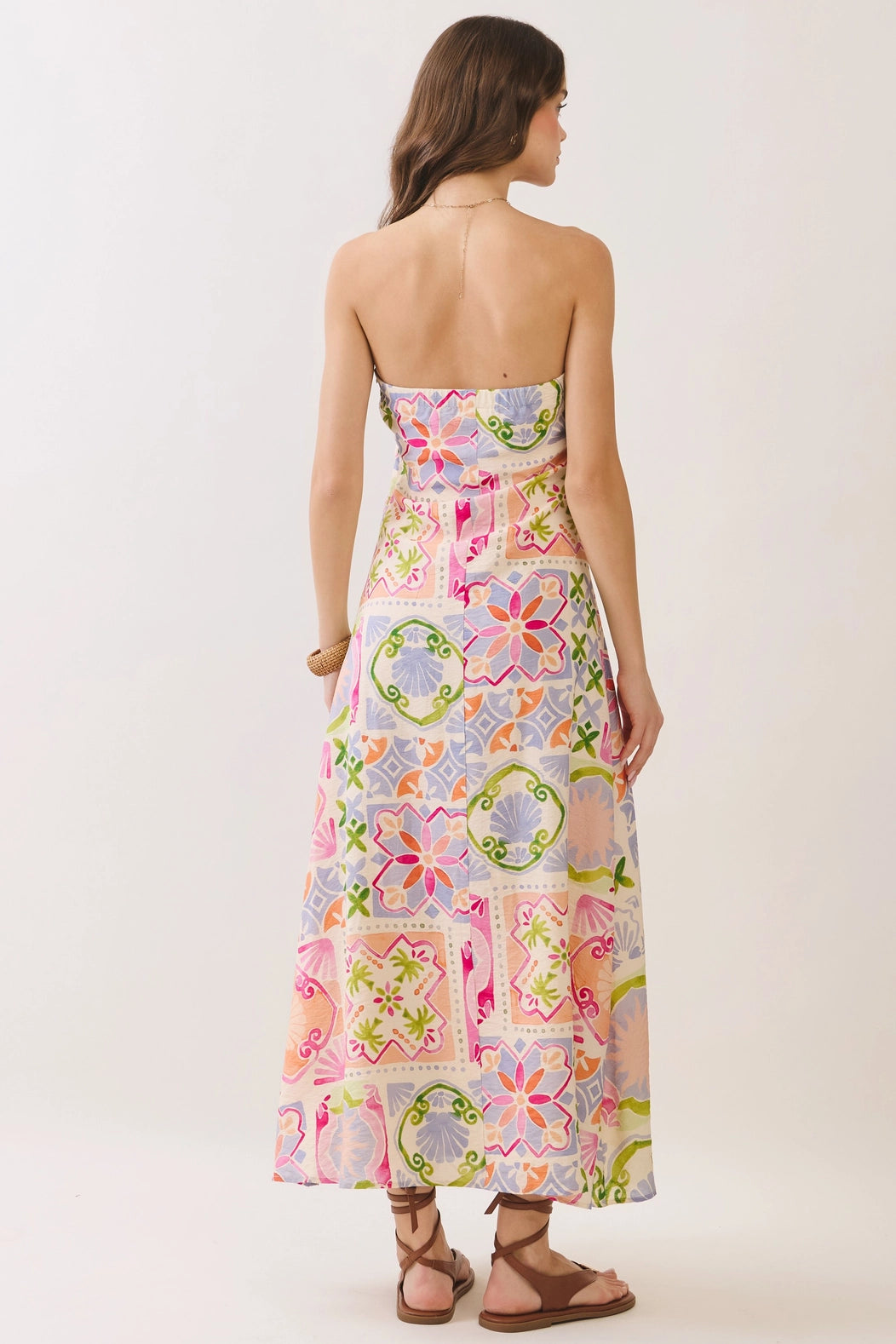 Tile Print Side Zipper Strapless Maxi Dress