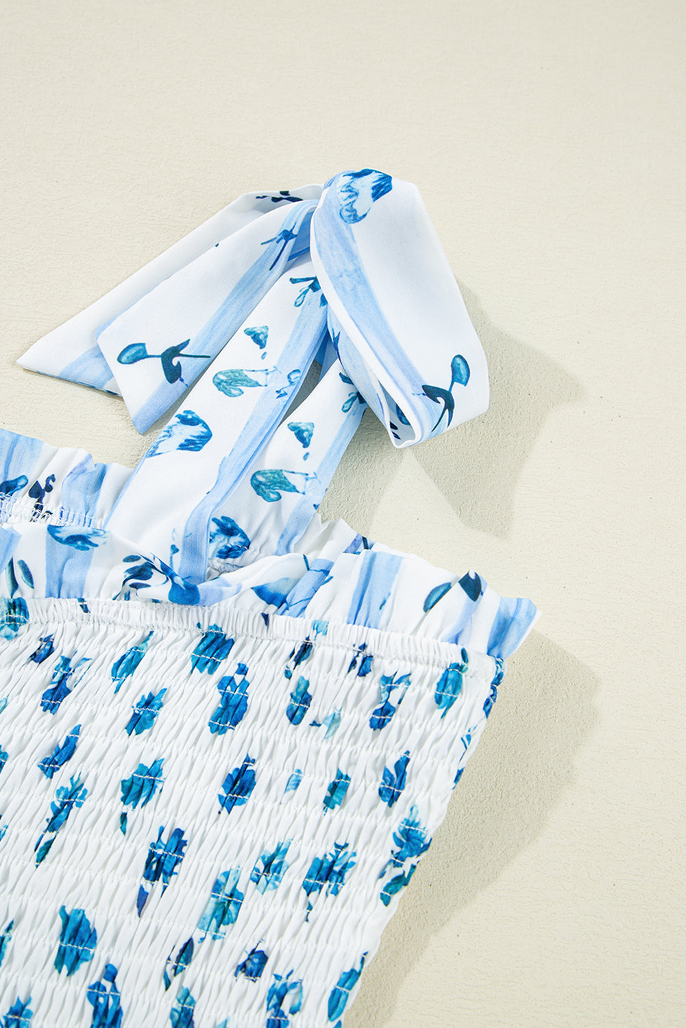 Sky Blue Floral Smocked Tied Straps A-Lined Tiered Maxi Dress