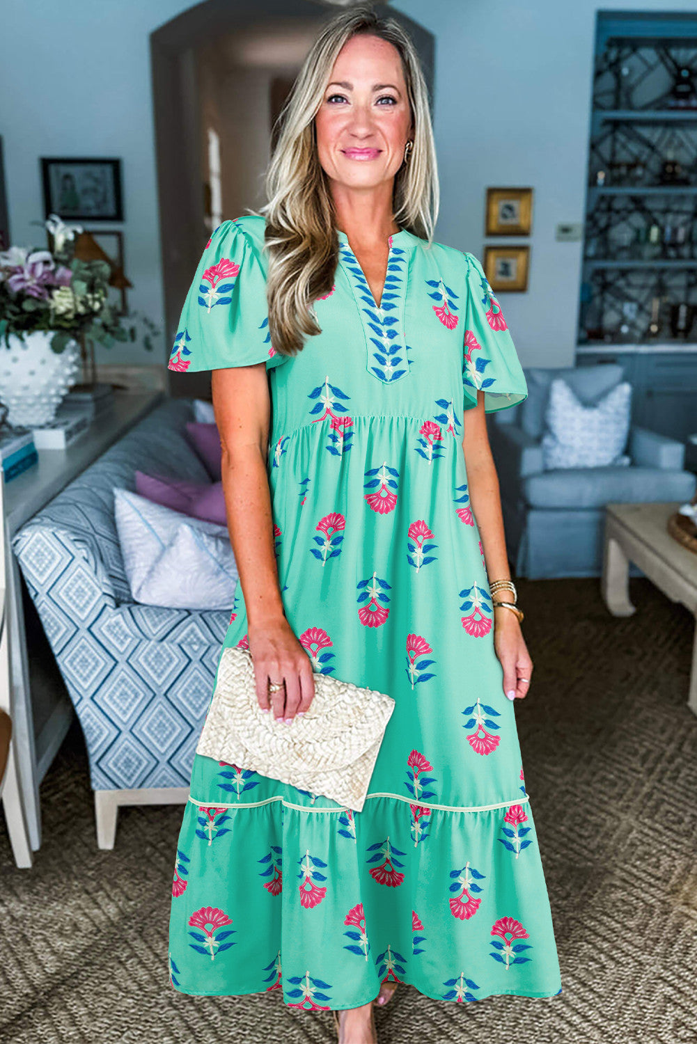 mint Floral Print Notched Neck Butterfly Sleeve Shift Long Dress