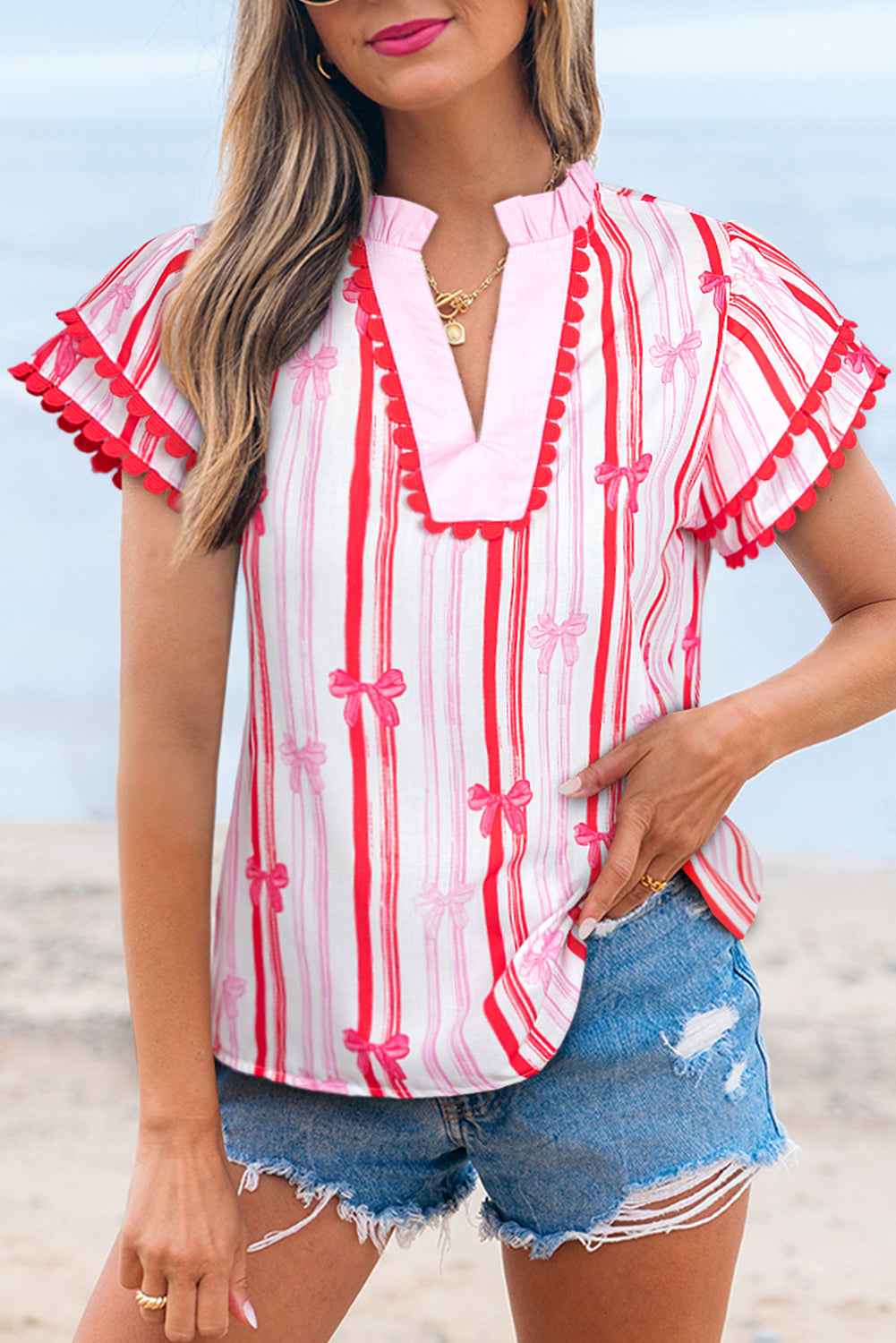 Pink Ric-rac Trim Ruffled Sleeve V Neck Bow Striped Printed Blouse