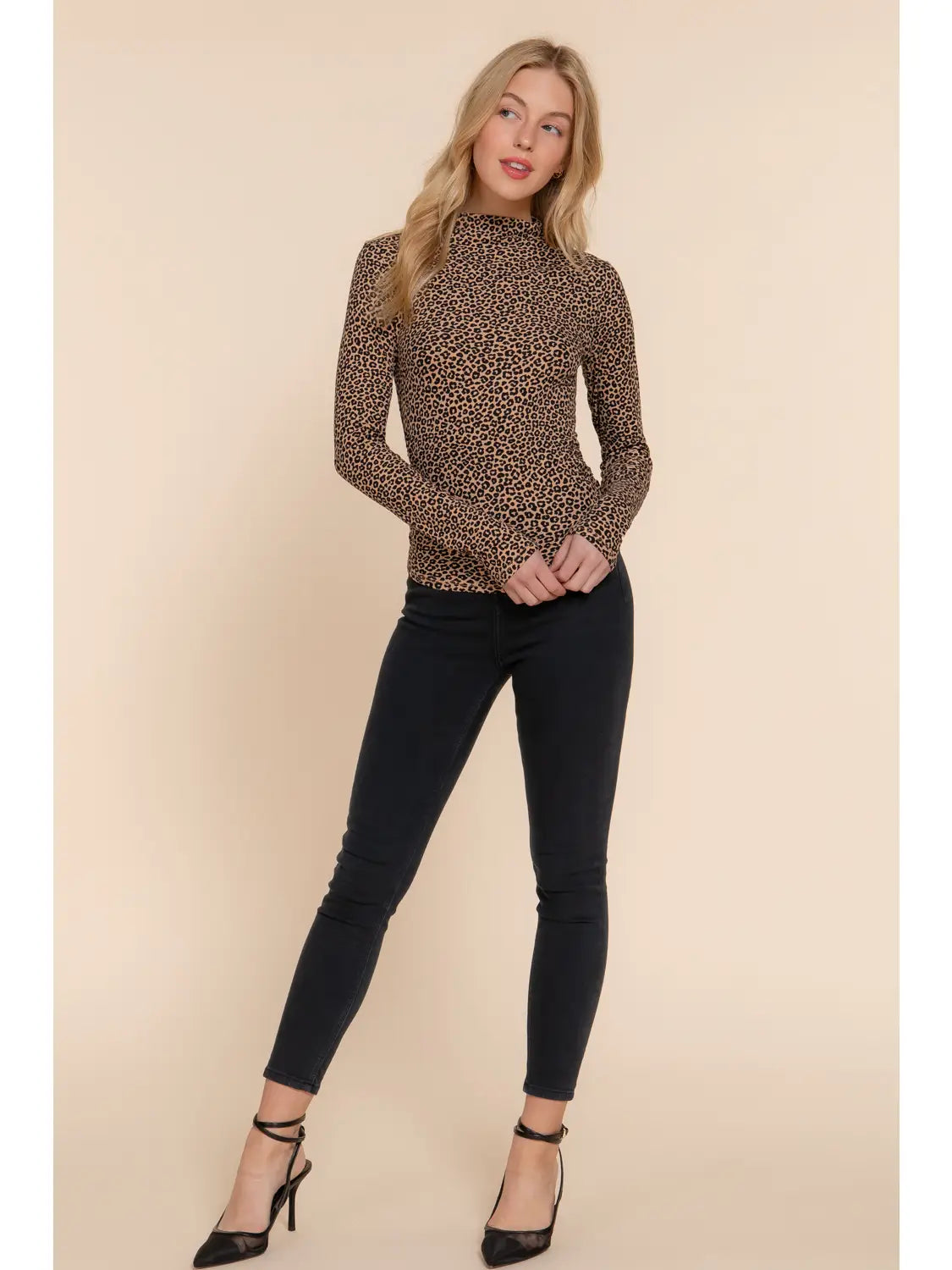 Long Sleeve High Neck Animal Print Knit Top