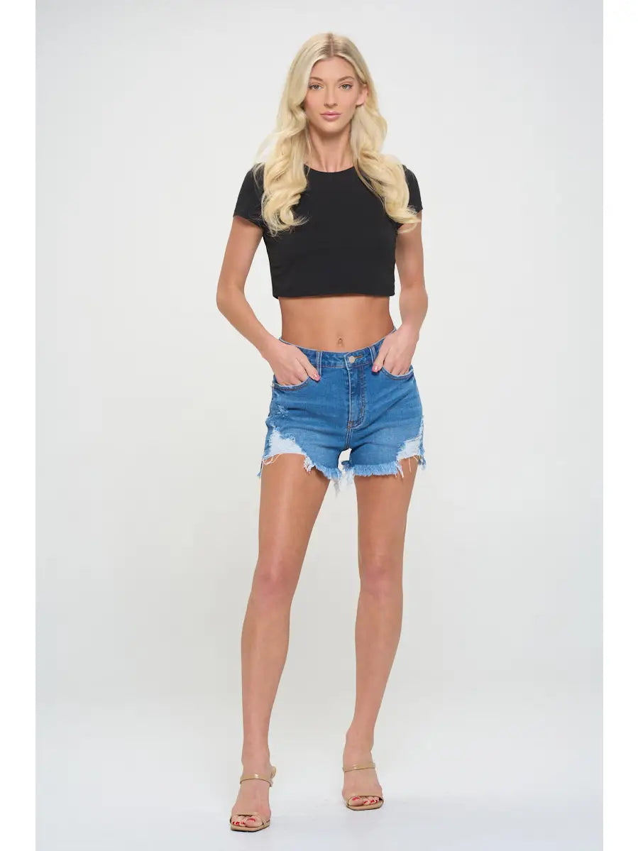 Medium Wash - High Rise Distressed Denim Shorts