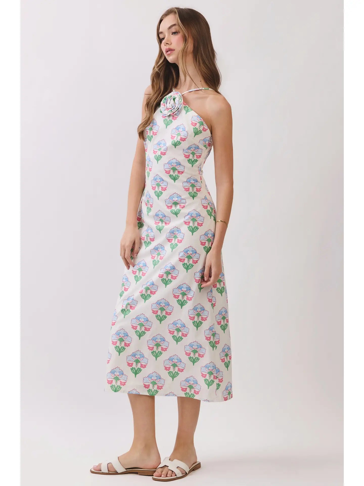 Floral Print Halter Midi Dress with Rosette Detail