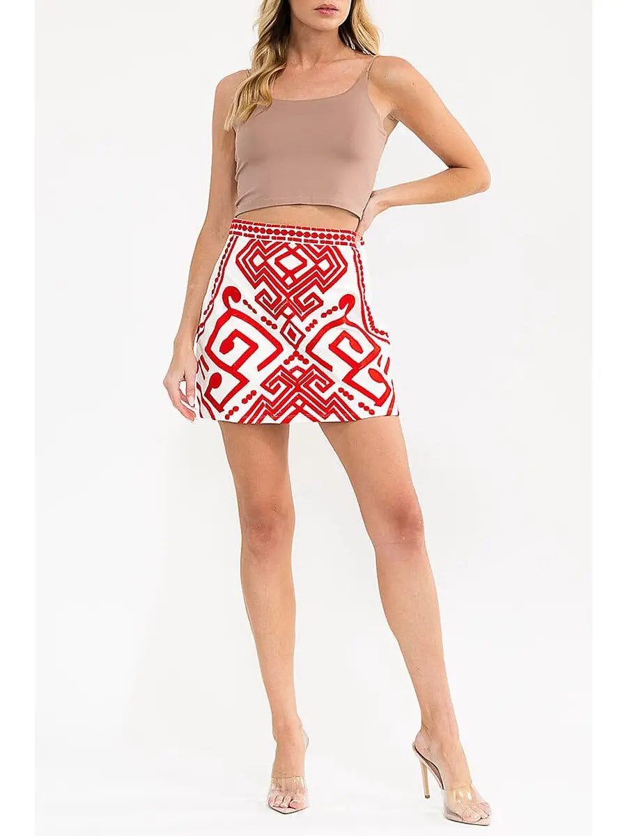Zipper Closure Embroidery Mini Skirt