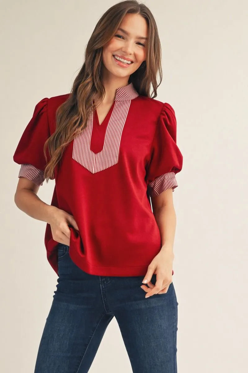 Short puff sleeves high neck solid top with stripe