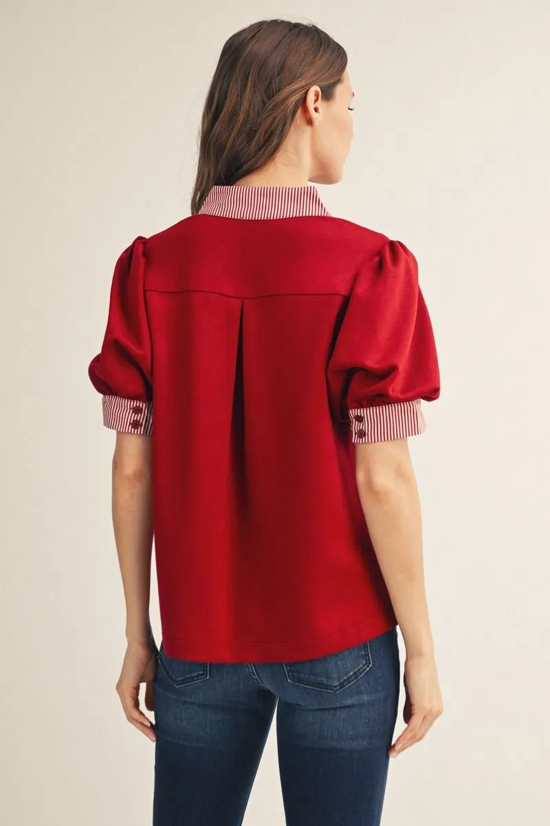 Short puff sleeves high neck solid top with stripe