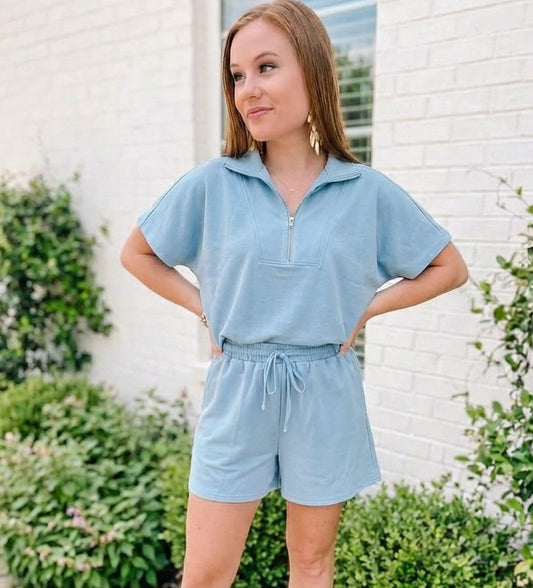 Beau Blue Solid Color Half Zip Loose Short Sleeve Sweatshirt 2pcs Set