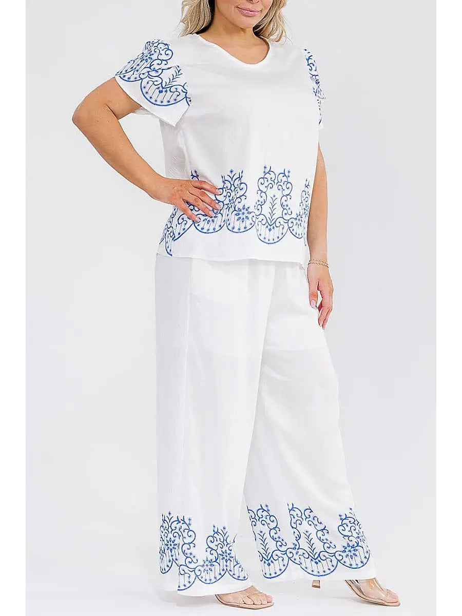 Blouse &Amp; Elastic Waist Pants Multi Print 2PC. Set