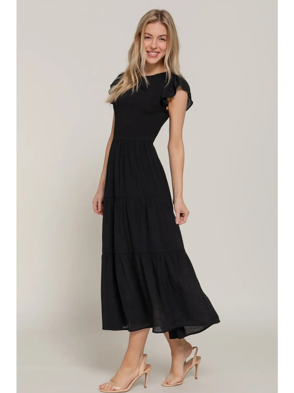 Ruffle Sleeve Crew Neck Smocked Detail Solid Tired Dress