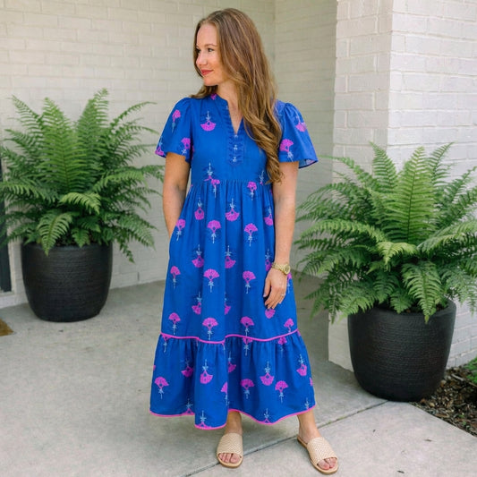 Blue Floral Print Notched Neck Butterfly Sleeve Shift Long Dress