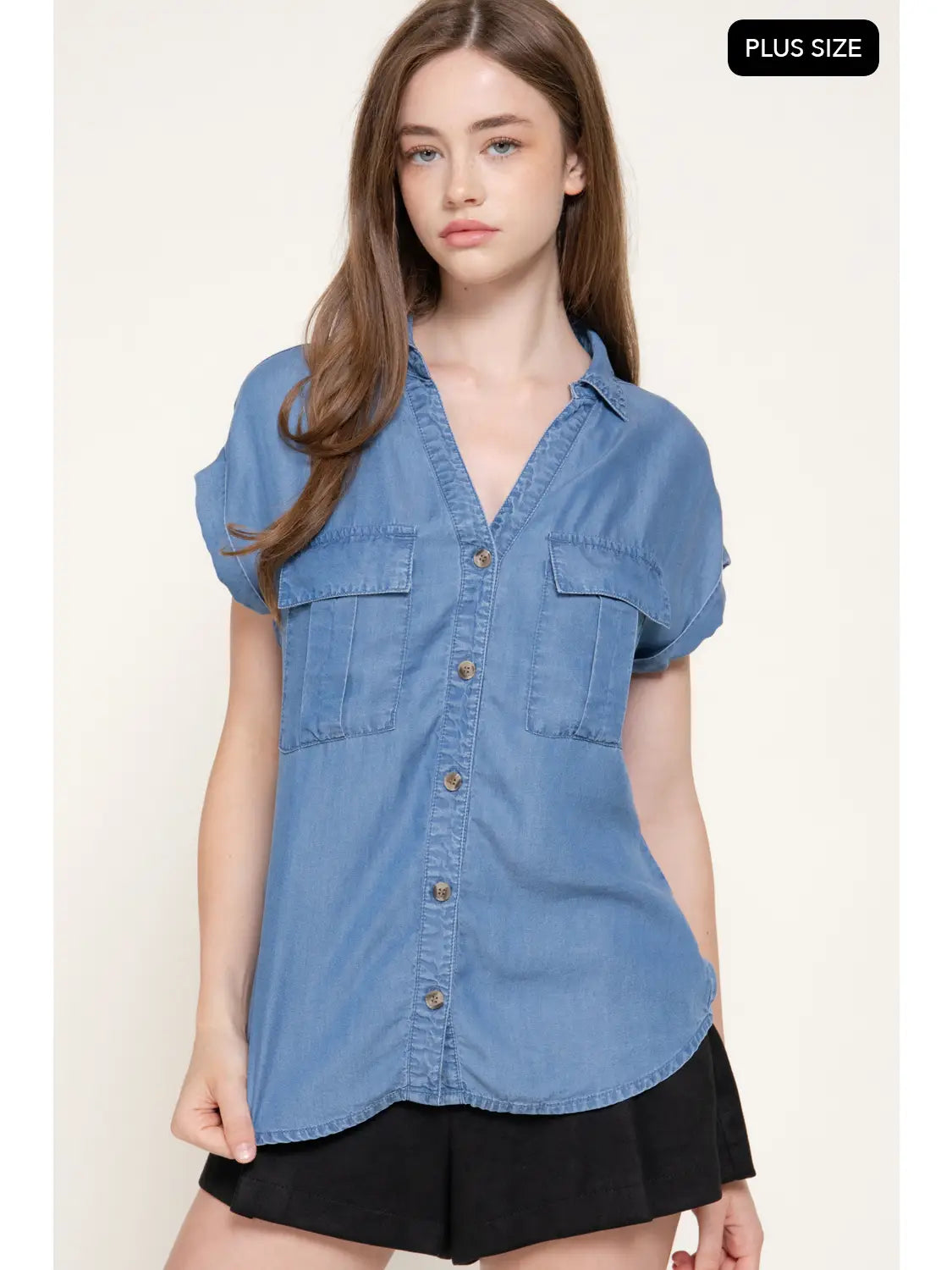 Dolman Short Sleeve Button Down Tencel Shirt PLUS