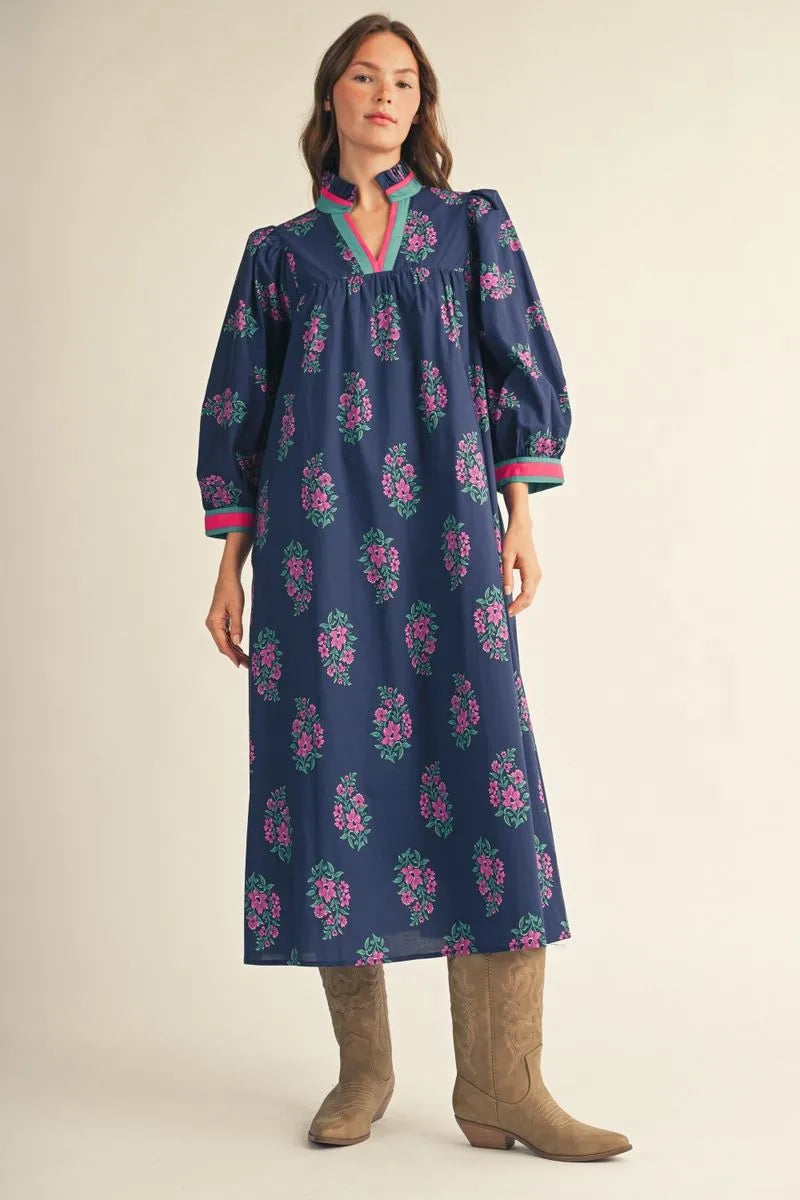 Puff shoulder 3/4 sleeves floral midi dress